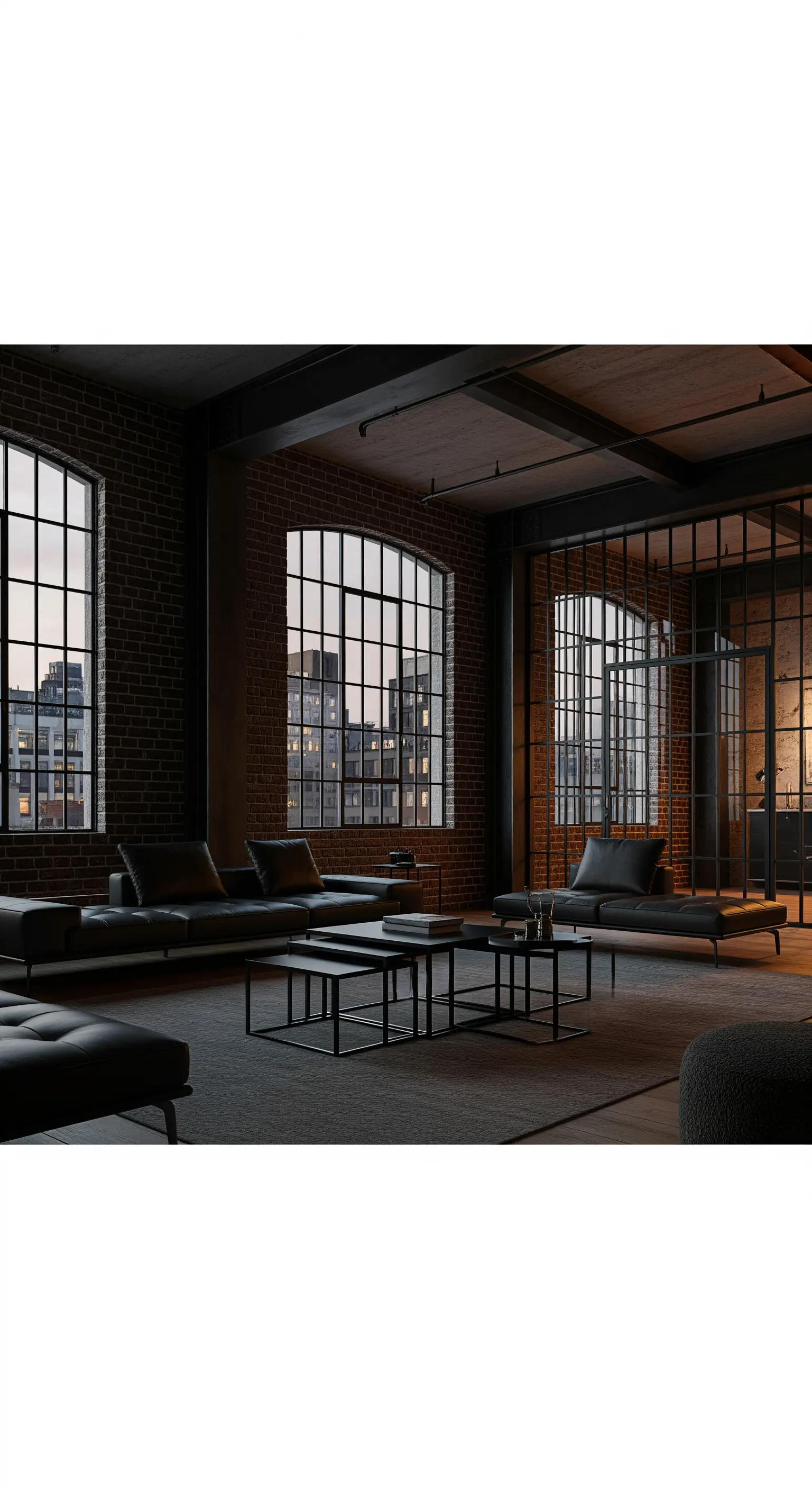 Loft im Industrial Chic mit Backsteinwänden, großen Fenstern und schwarzen Ledersofas