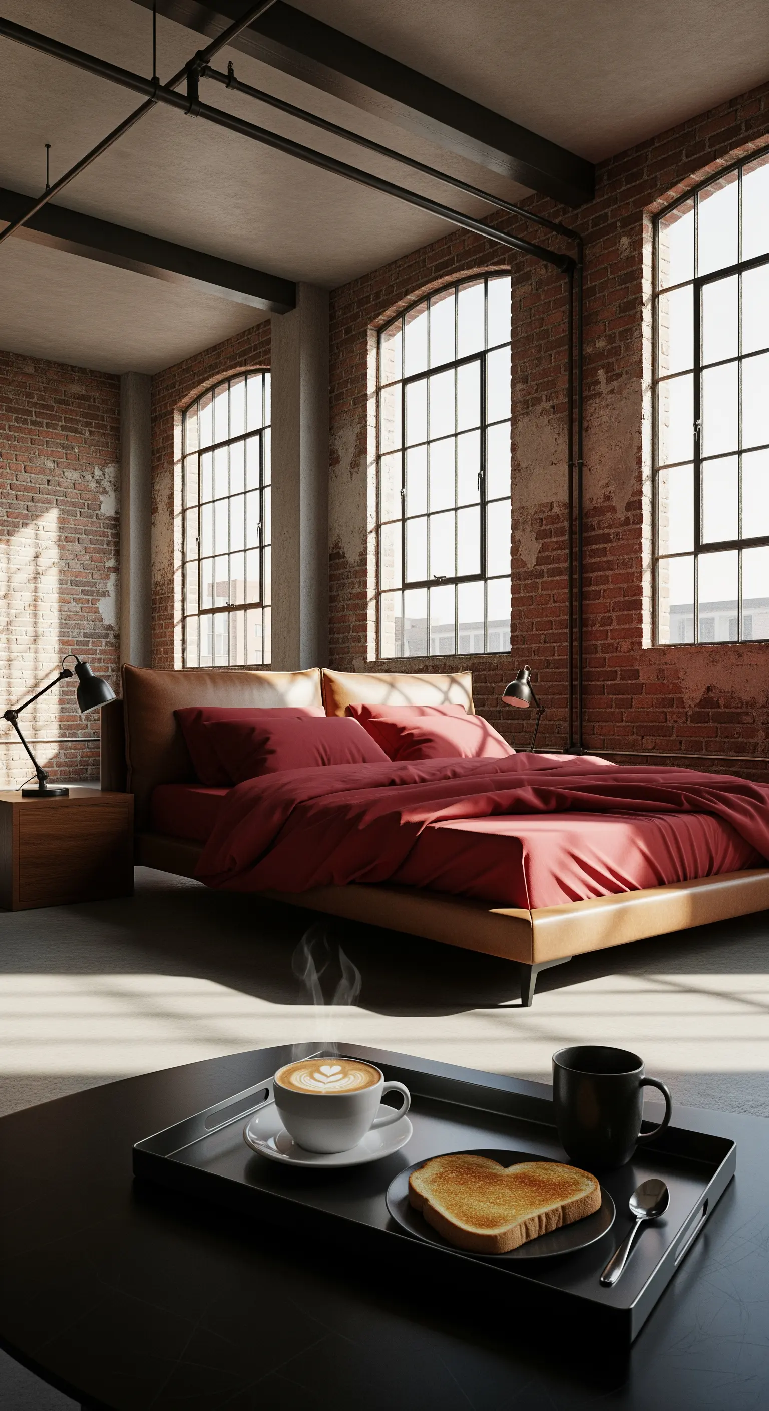 Industrial-Chic Frühstück im Bett, roter Bettwäsche, Loft-Stil mit Ziegelwänden