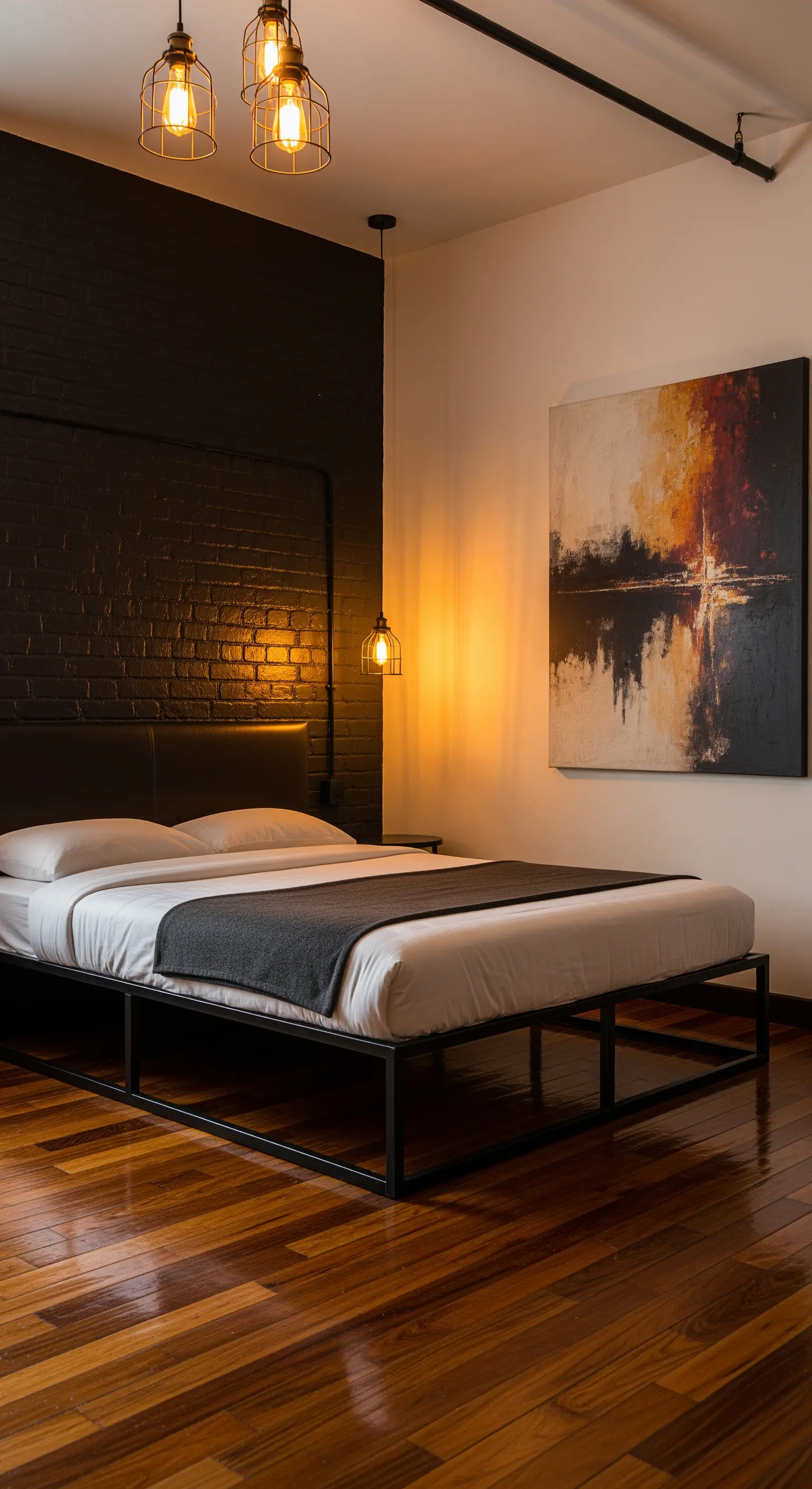 Schlafzimmer im Industrial-Stil mit schwarzer Backsteinwand und minimalistischem Metallbett.