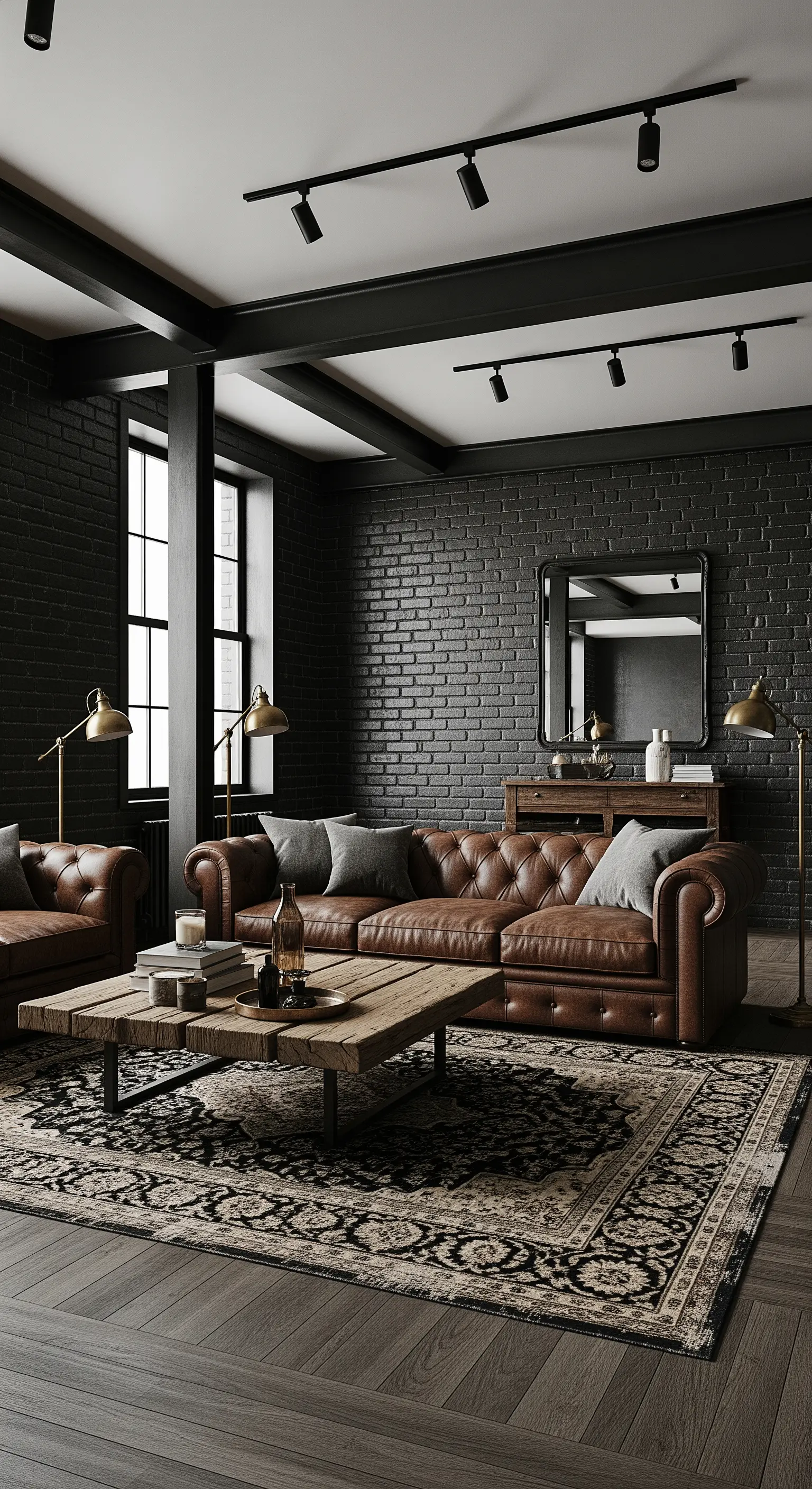 Industrielles Wohnzimmer mit schwarzer Backsteinwand, Chesterfield-Ledersofa und Holztisch.
