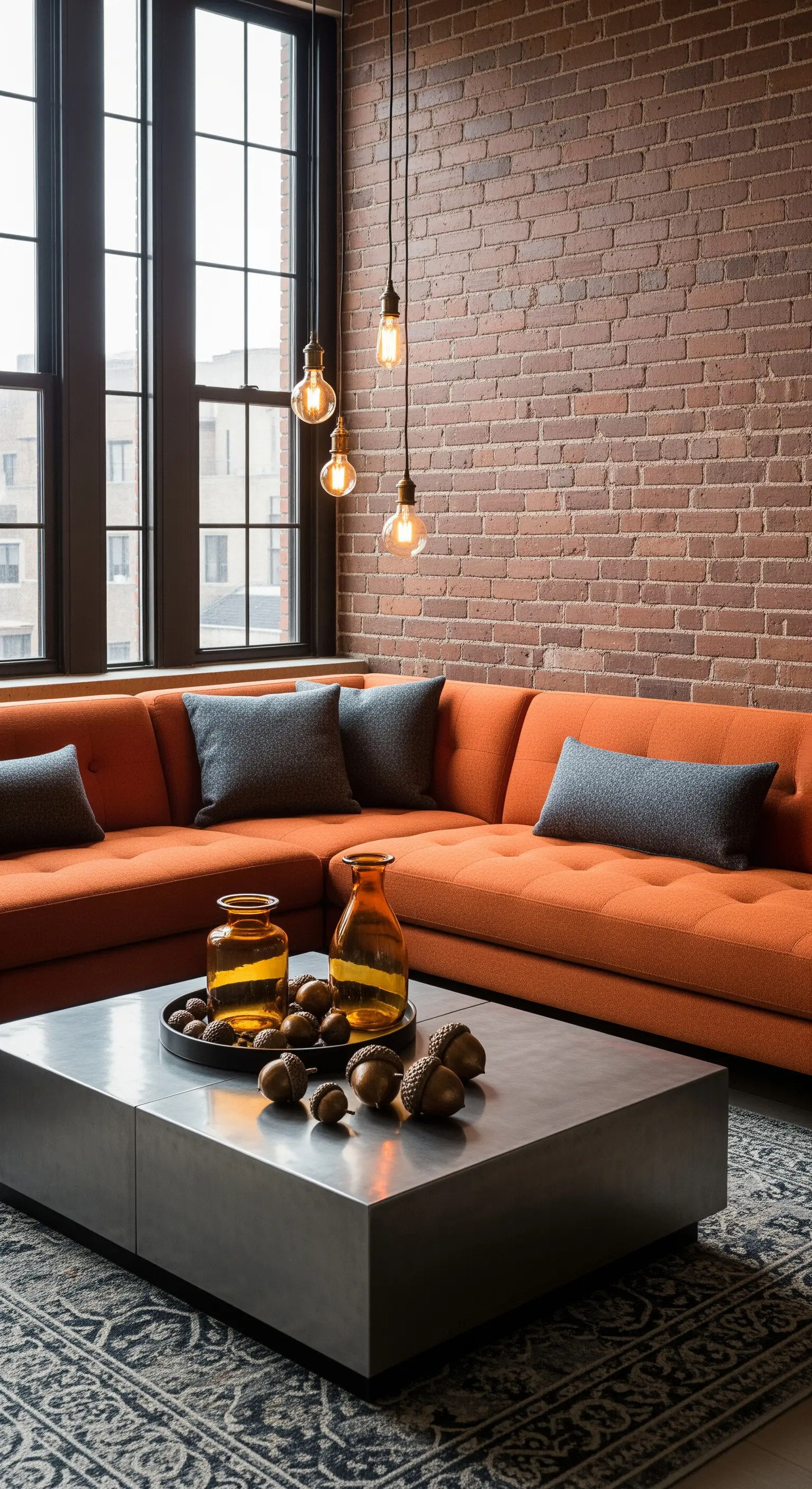 Industrial-Wohnzimmer mit Ziegelwand, orangefarbenem Sofa und Edison-Glühbirnen