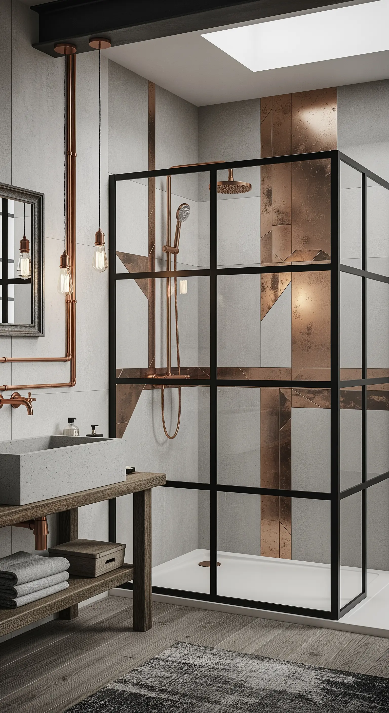 Badezimmer im Industrial-Look mit Kupferfliesen und schwarzer Duschabtrennung.