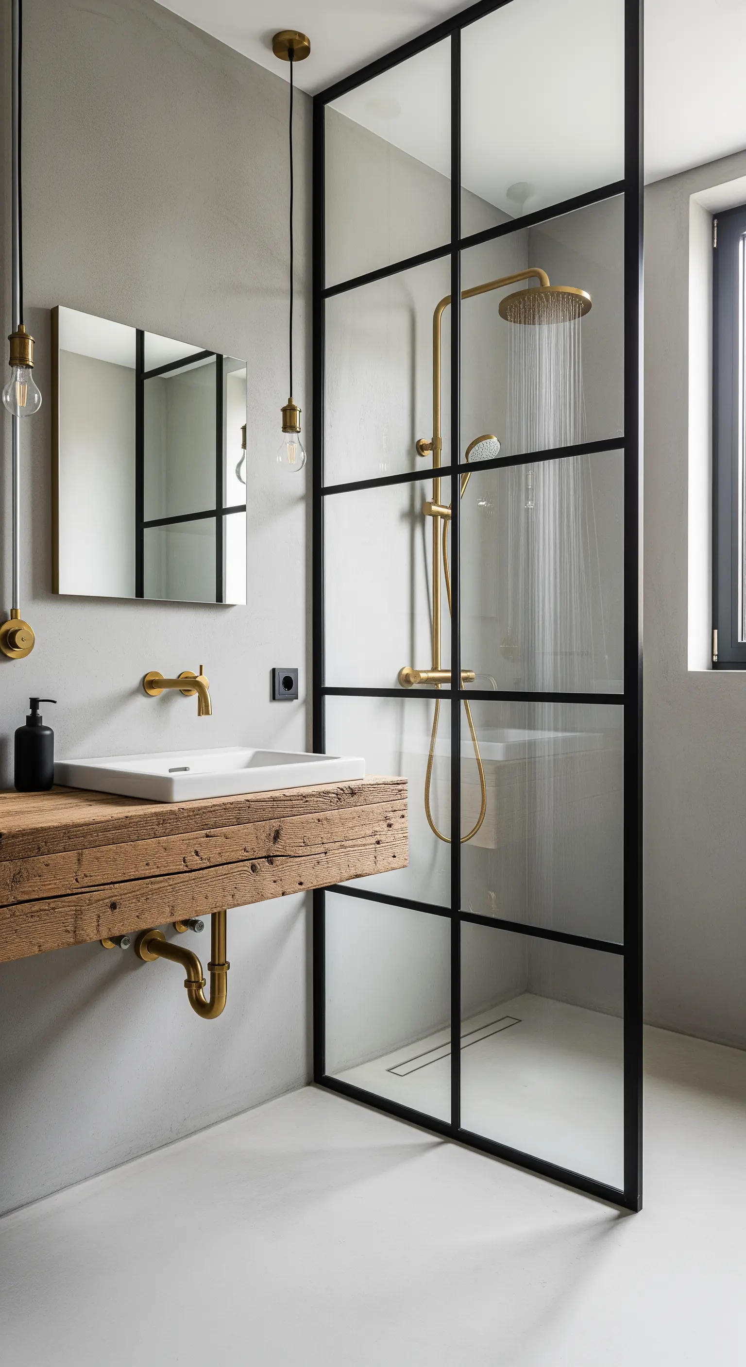 Badezimmer im Industrial-Stil mit Holzbalken-Waschtisch und schwarzer Duschwand.