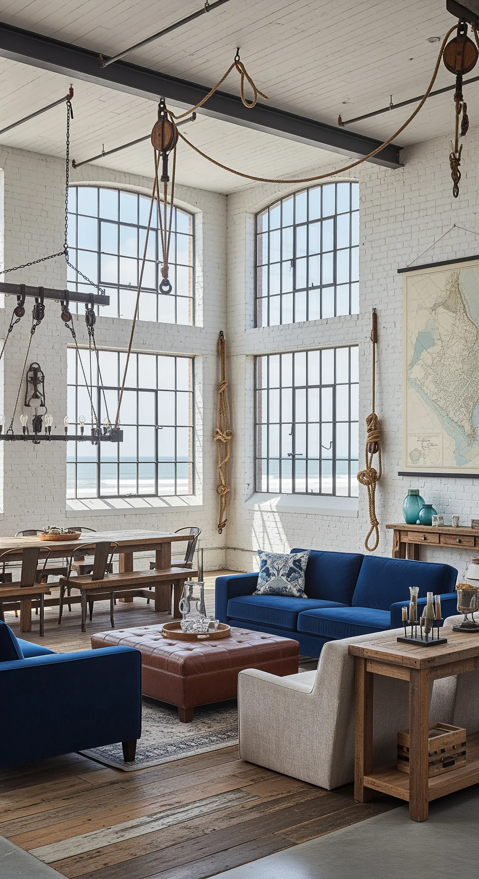 Industrial Wohnzimmer, Ziegelwände, Seilzüge, Meerblick, blaues Sofa