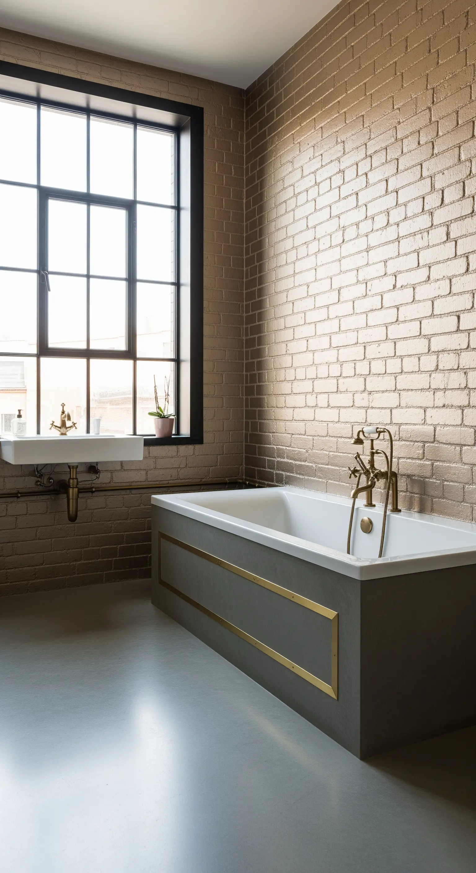 Badezimmer im Industrie-Stil mit einer champagnerfarben gestrichenen Ziegelwand und Messingarmaturen.