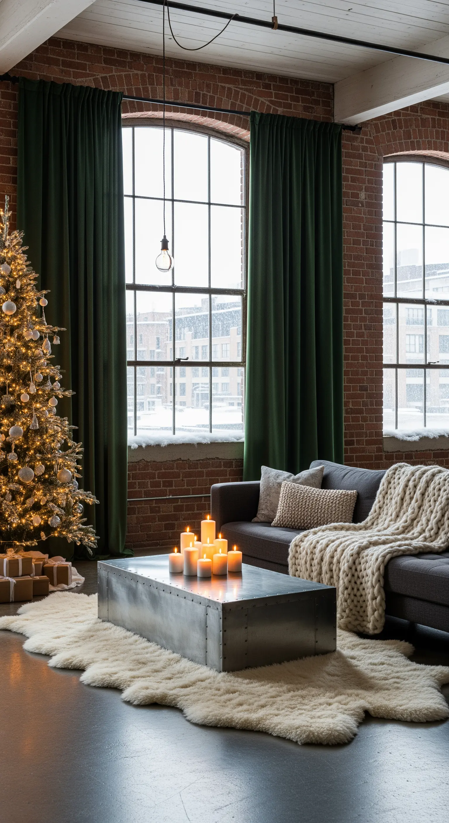 Industrial-Wohnzimmer mit Ziegelwänden, dunklem Sofa, Schafsfellteppich, Metalltisch und Weihnachtsbaum.