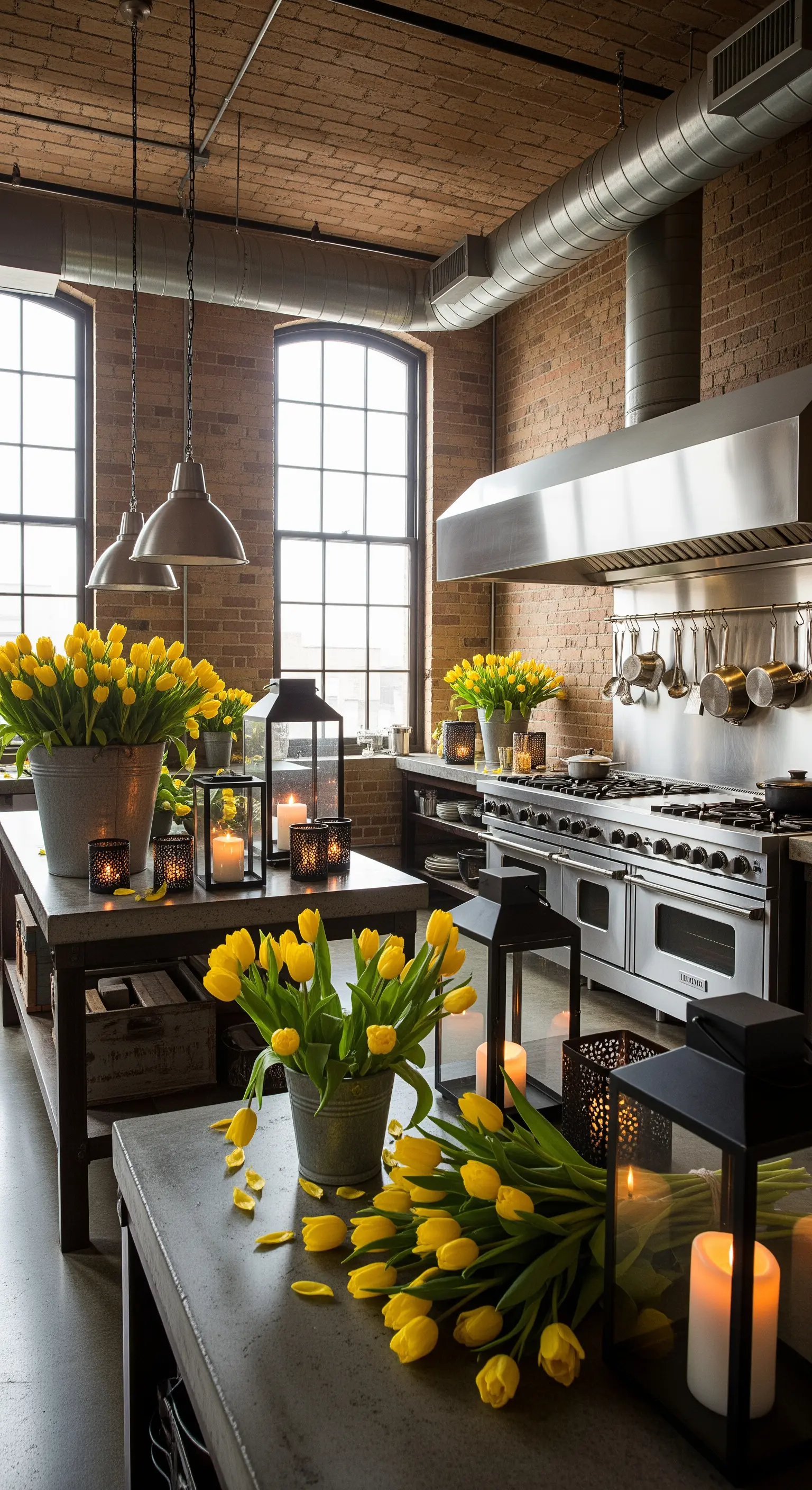 Industrieküche mit gelben Tulpen in Metallkübeln und schwarzen Laternen mit Kerzen
