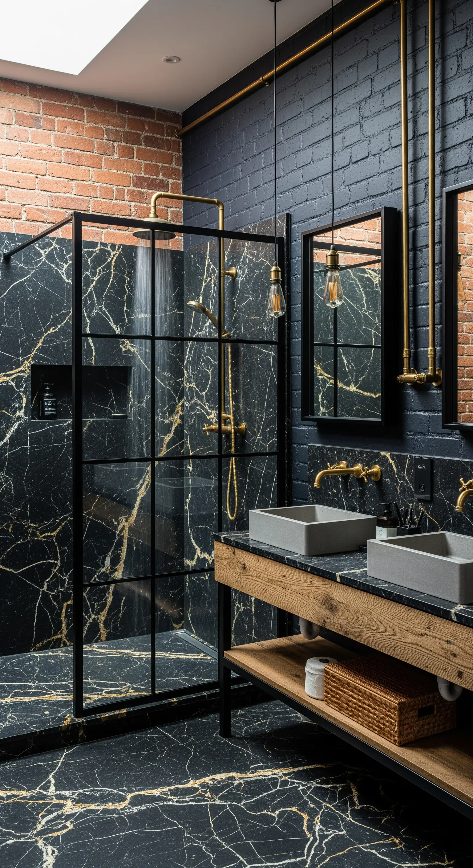 Badezimmer im Industrial-Stil mit schwarzem Marmor, Ziegelwand und Messingrohren.