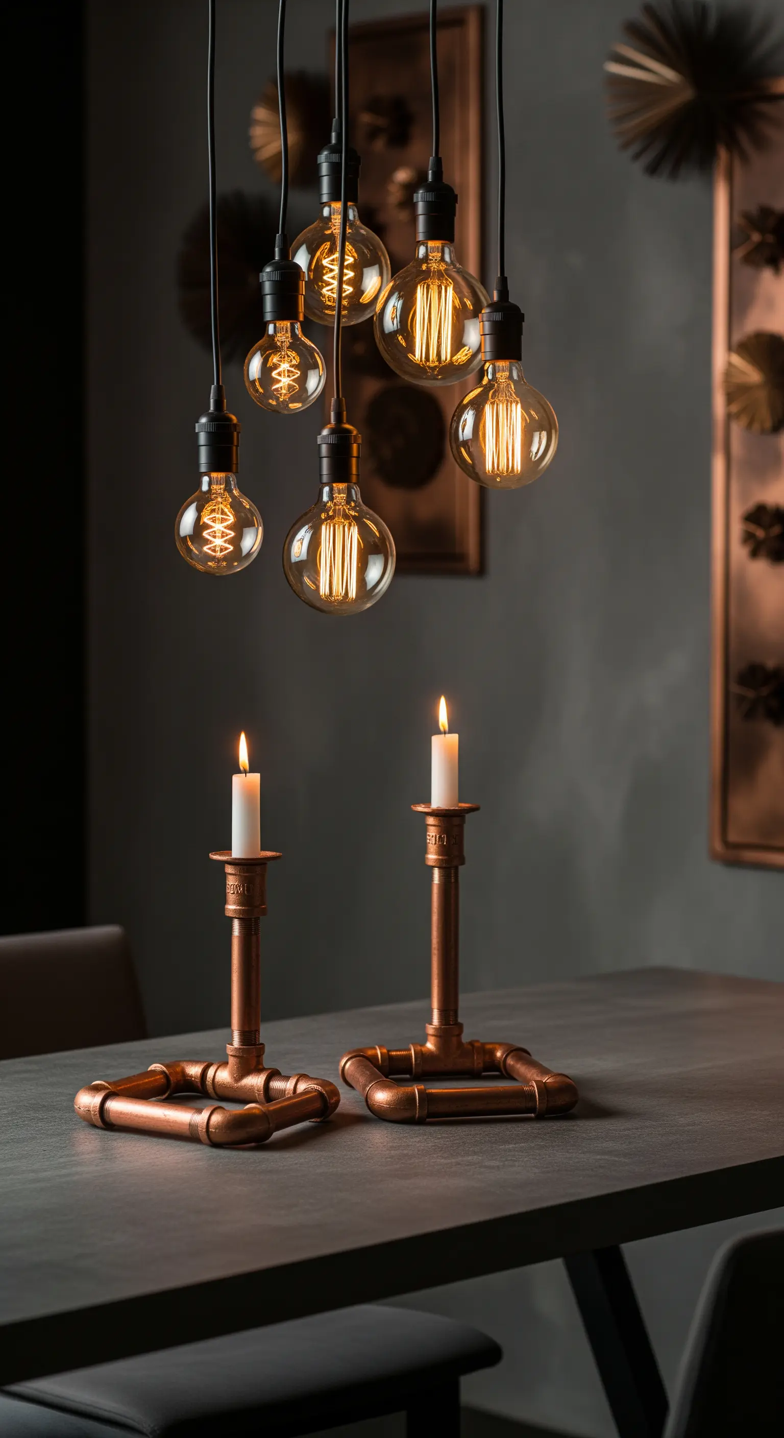 Moderner Industrial-Tisch mit Kupfer-Kerzenständern und hängenden Edison-Glühbirnen.