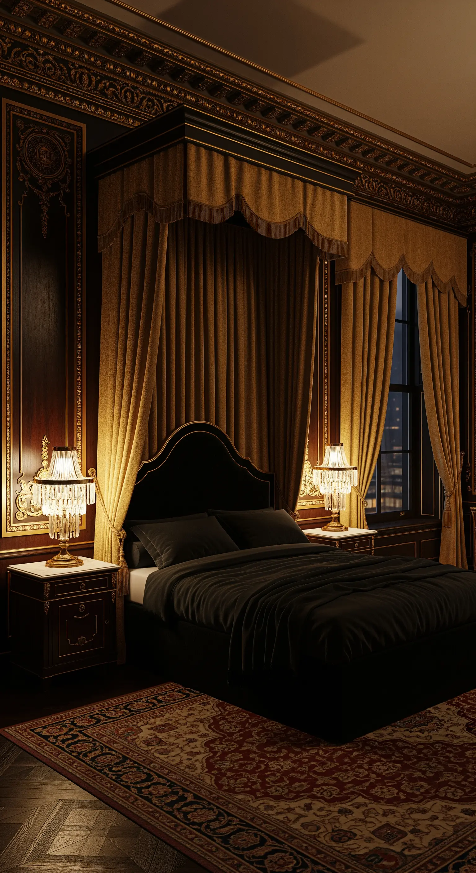 Grünes Himmelbett, Backsteinwand, Industrielampen, Loft-Stil, modern, urban