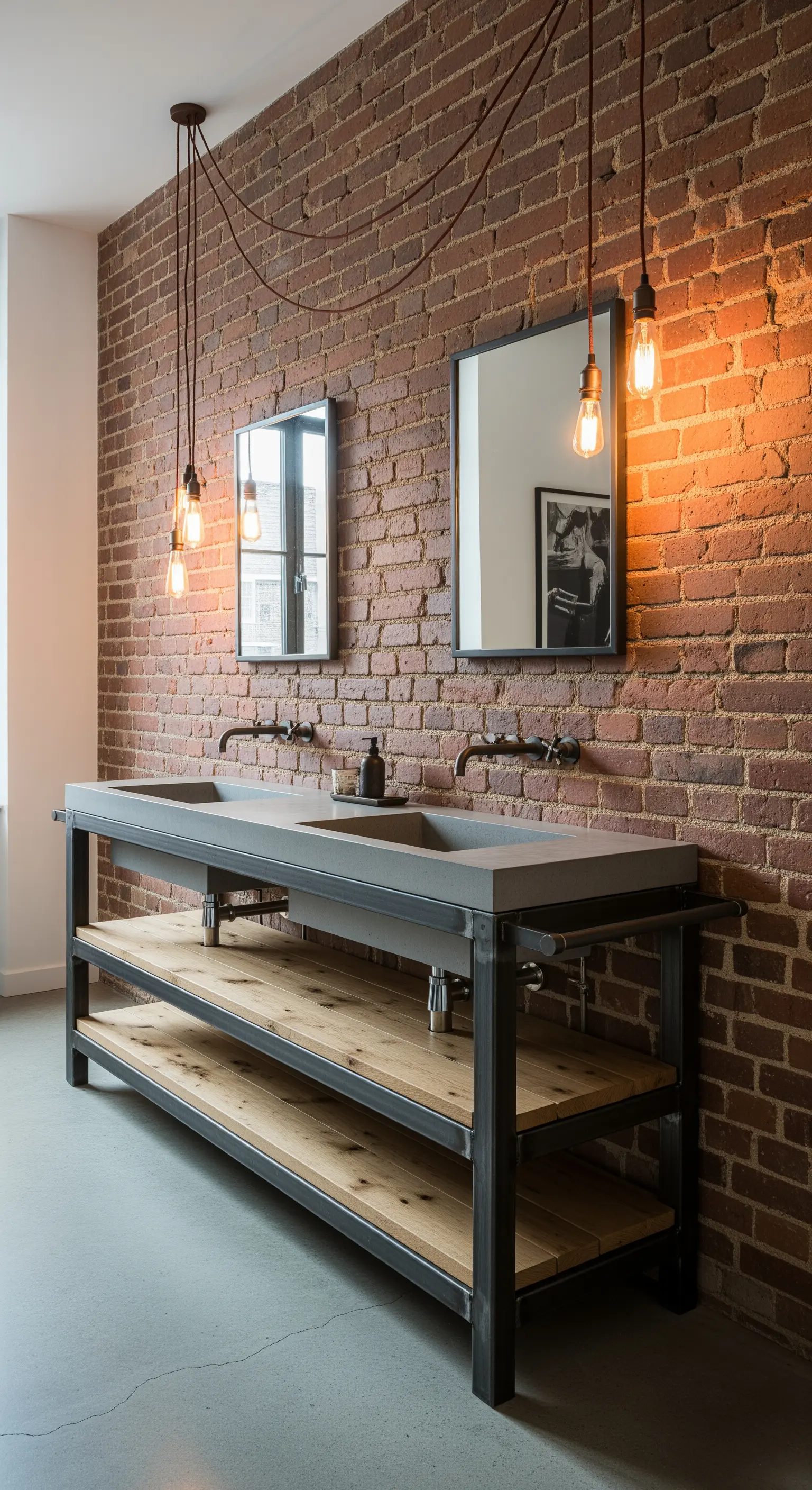 Industrie-Waschtisch aus Beton, Stahl und Holz vor einer Ziegelwand.