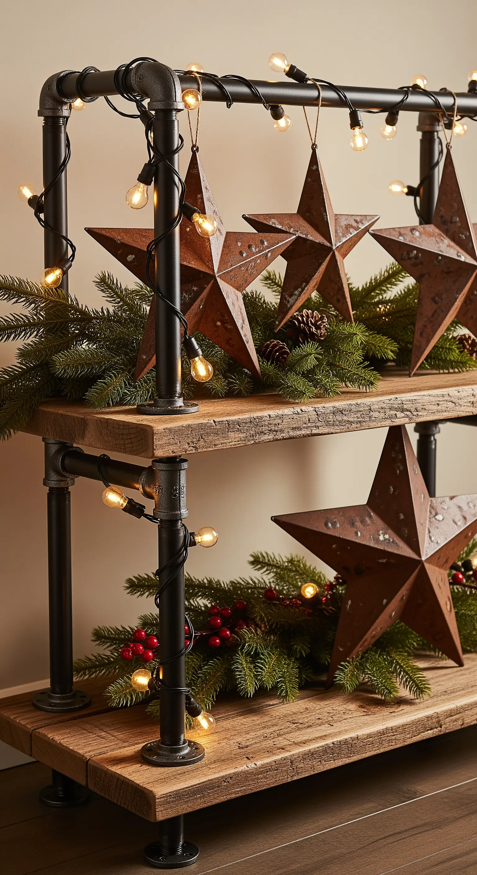 Industrielles Regal aus Metallrohren und Holz, dekoriert mit Sternen, Tannengrün und Lichterkette.