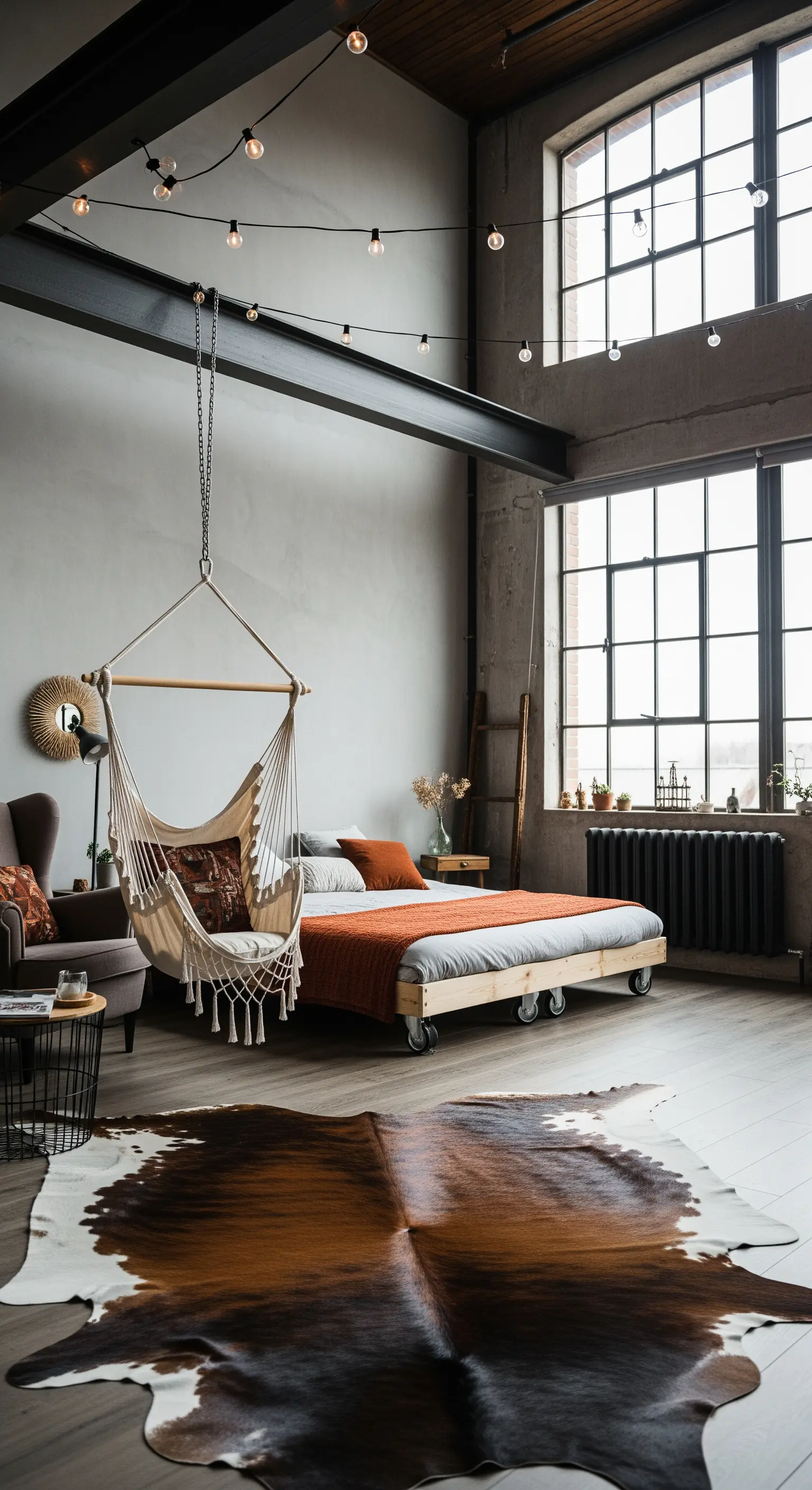 Loft Schlafzimmer mit Betonwänden, hoher Decke, Hängesessel und Kuhfellteppich
