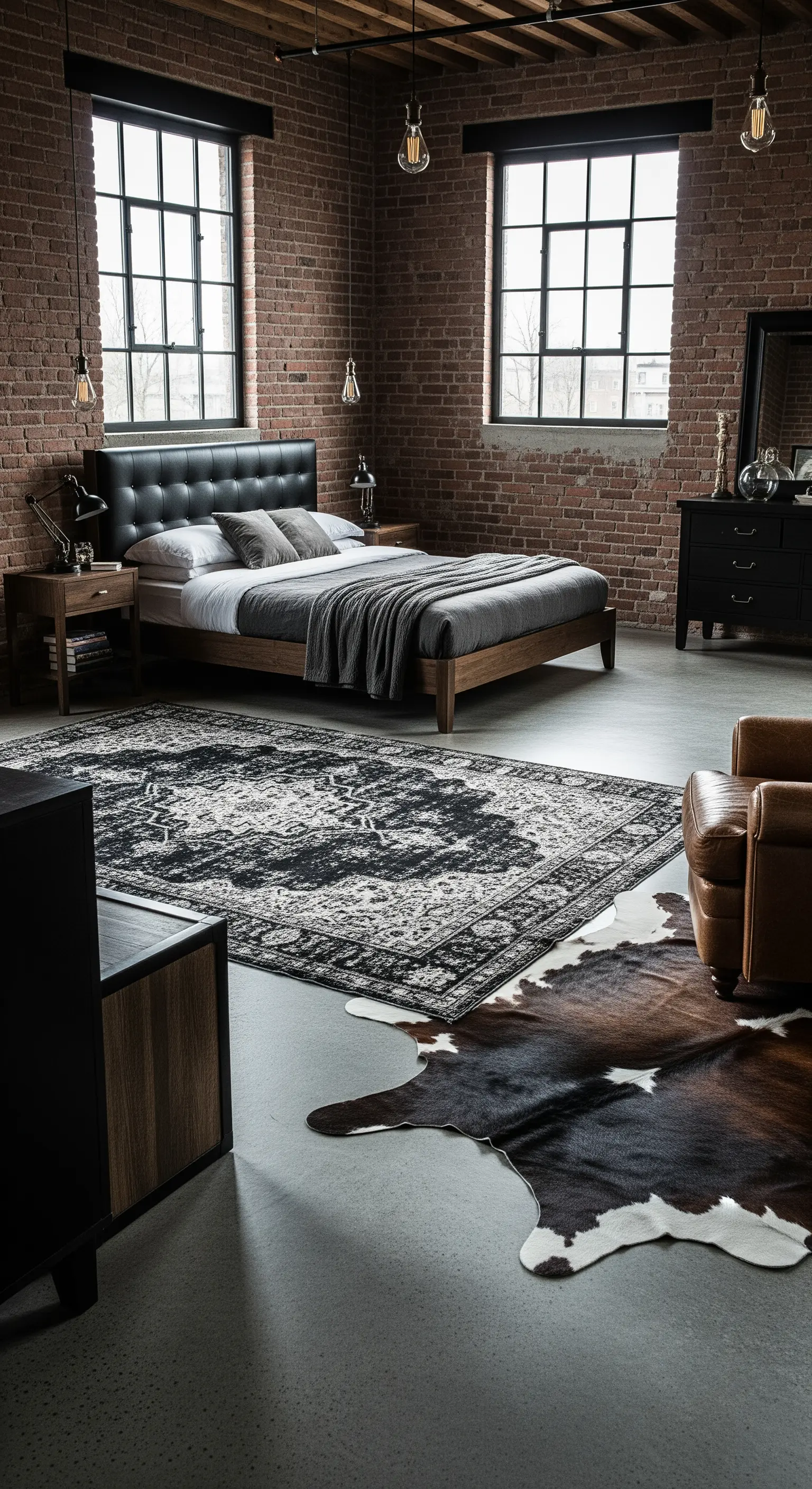 Industrielles Loft-Schlafzimmer mit einem Vintage-Teppich unter einem asymmetrischen Rinderfell