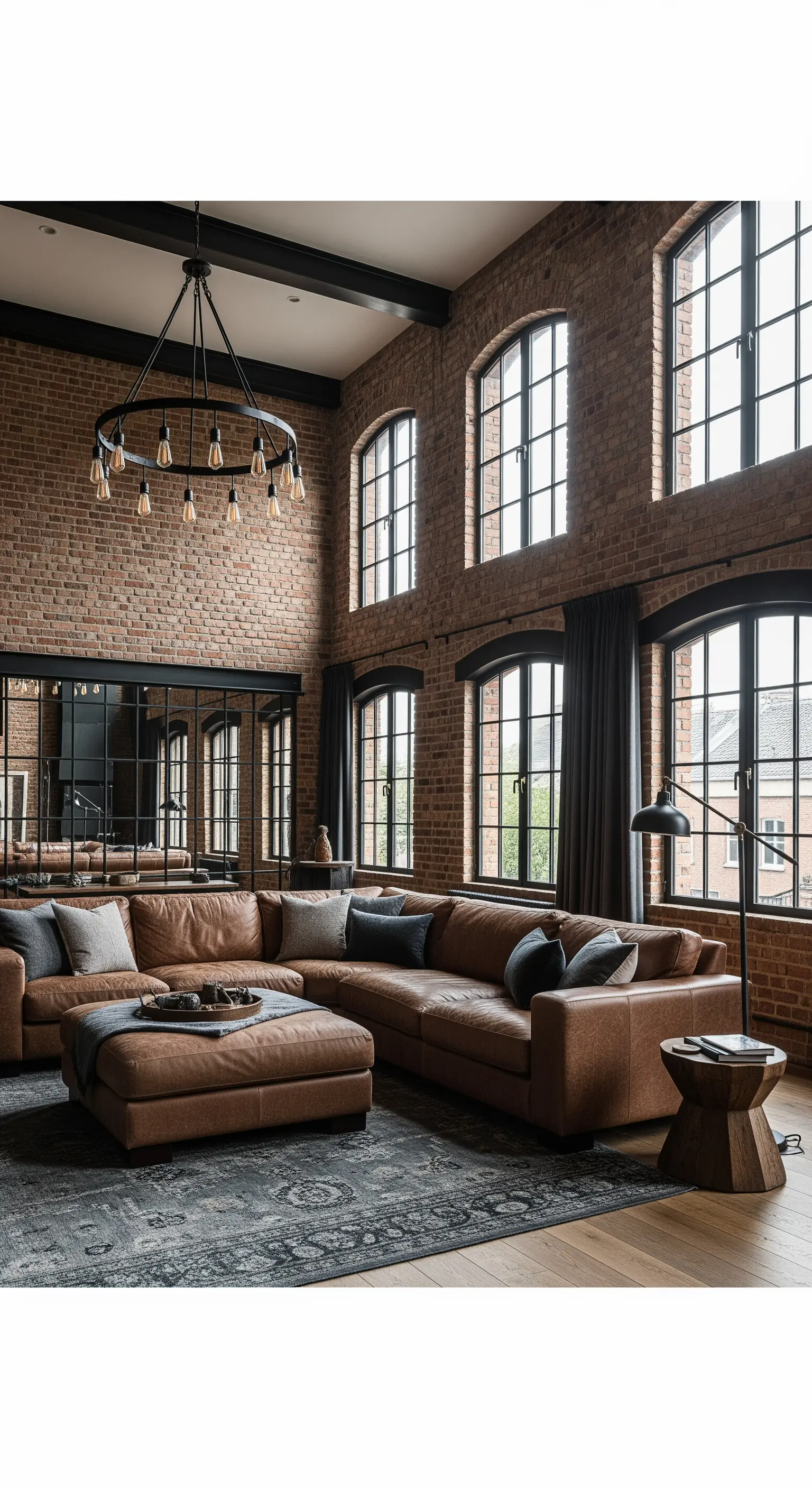 Braunes Leder-Ecksofa in einem Loft mit hohen Decken, Ziegelwänden und großen Sprossenfenstern.