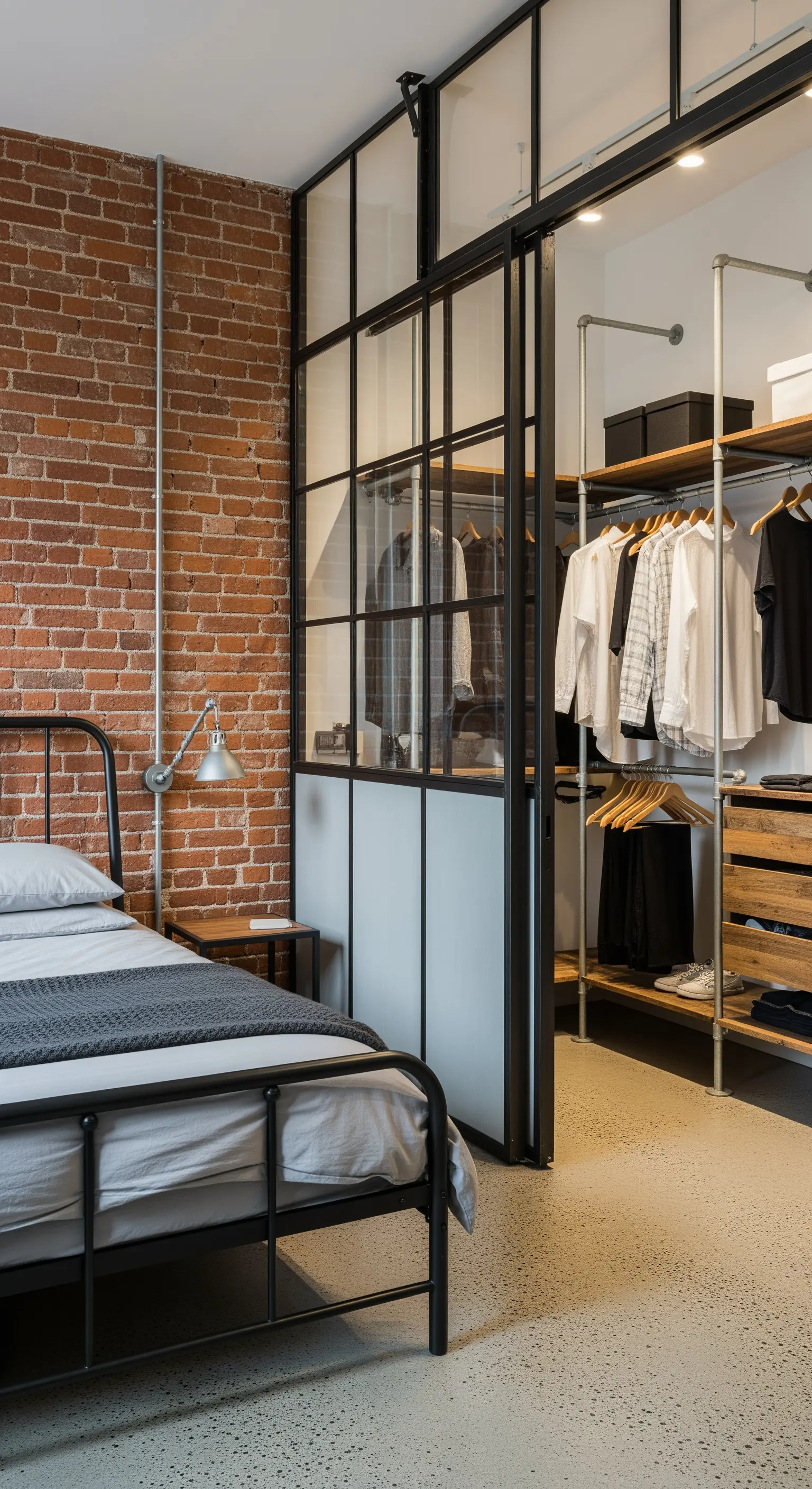 Industrielles Schlafzimmer mit Ziegelwand und offenem Schranksystem aus Stahlrohren