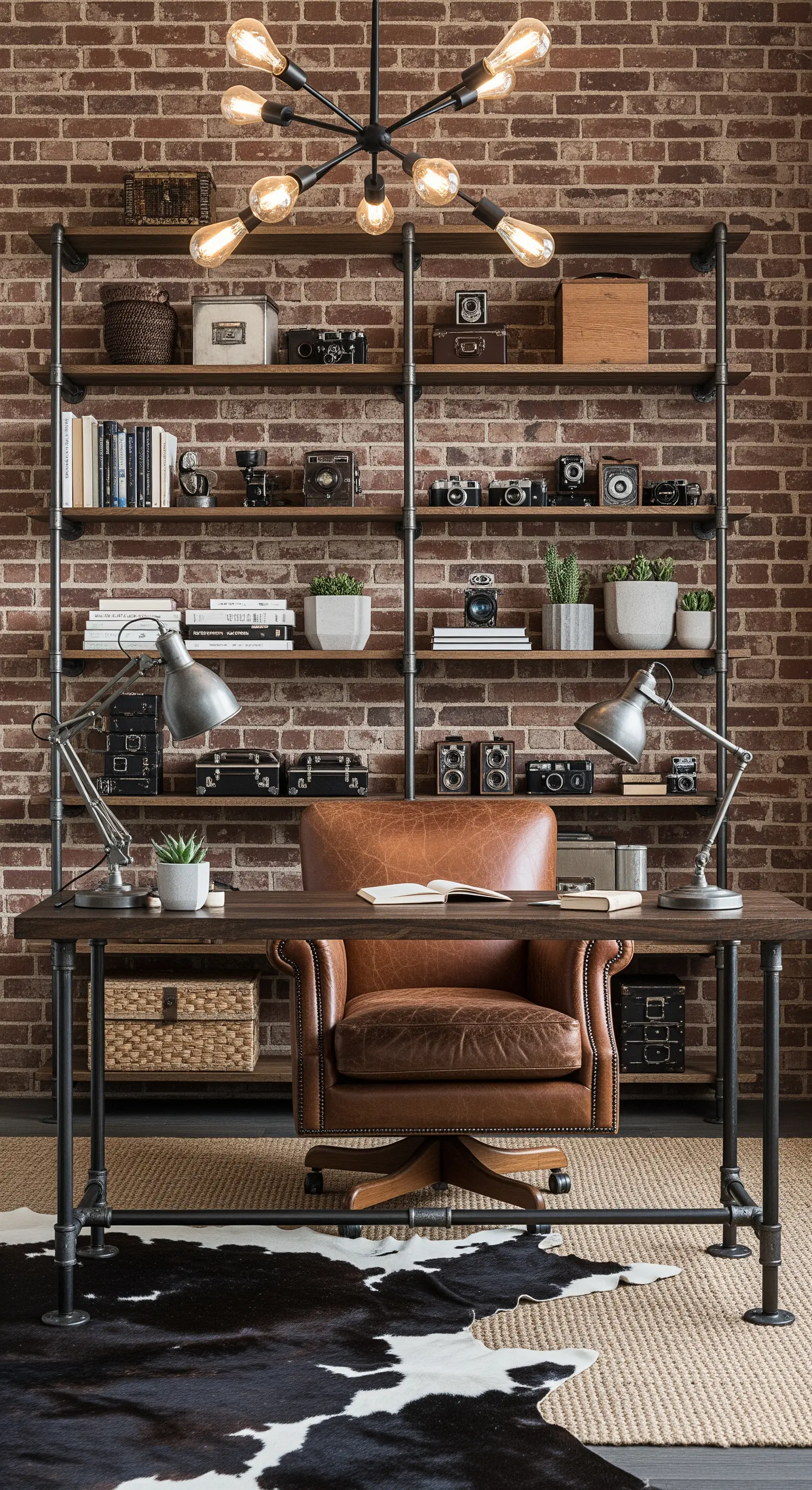 Industrial-Boho Homeoffice vor einer Backsteinwand mit Rohrregalen und Ledersessel