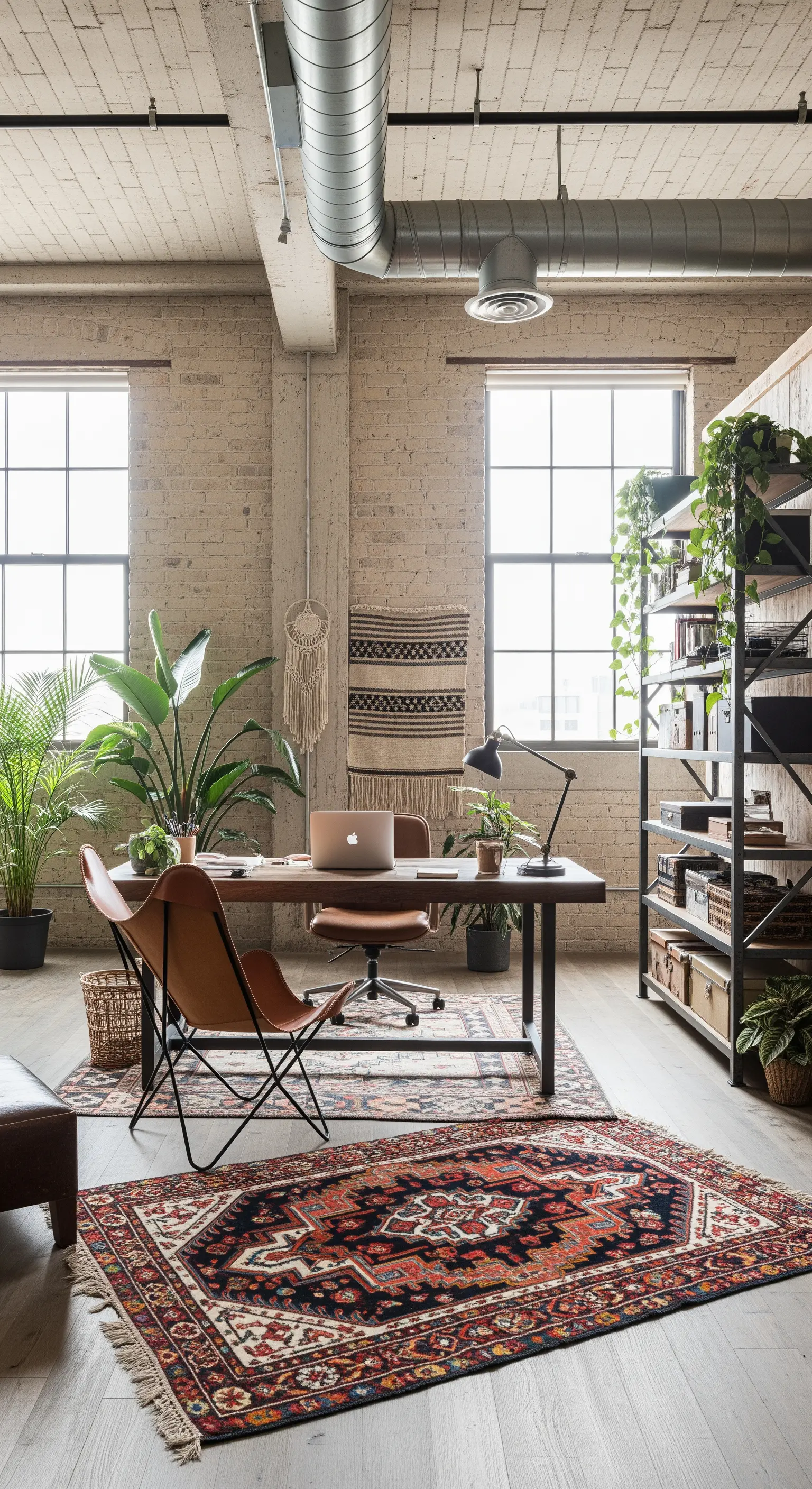 Industrial-Homeoffice mit Backsteinwand, Metallregalen und einem großen Perserteppich.
