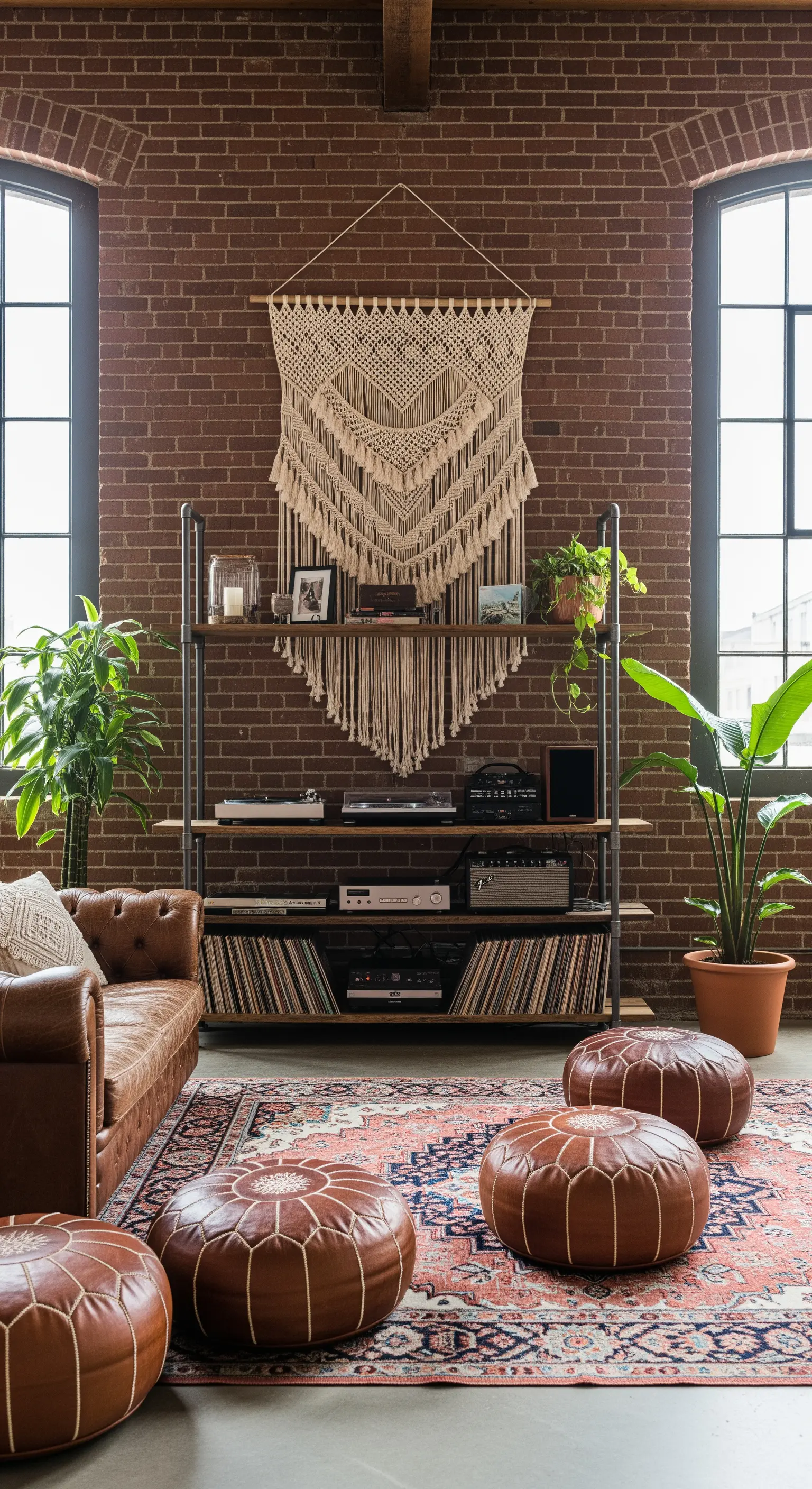Boho-Wohnzimmer im Industrial-Stil mit Backsteinwand und großem Makramee