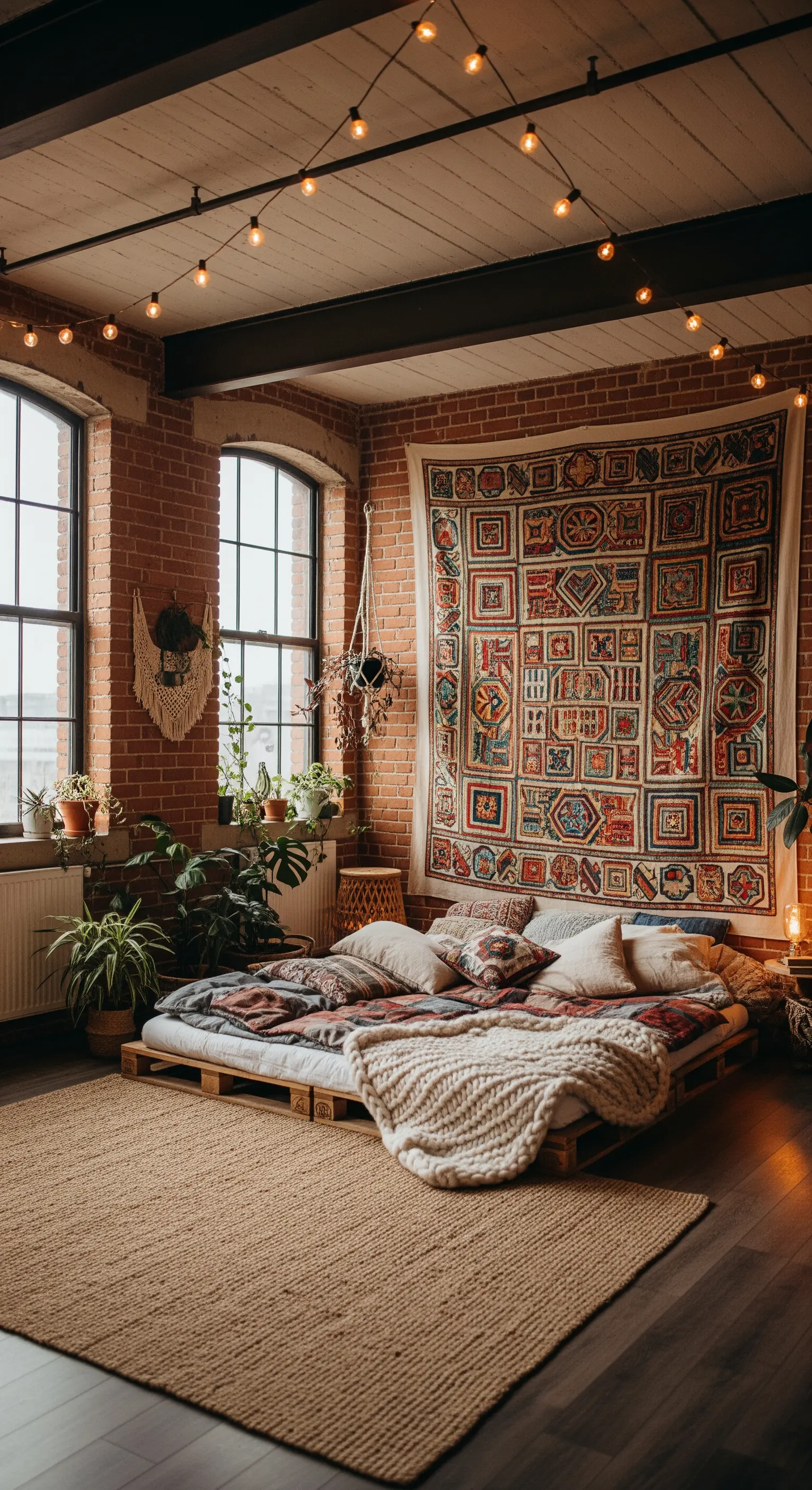 Loft-Schlafzimmer mit Backsteinwand, Palettenbett und einem großen, bunten Wandteppich.