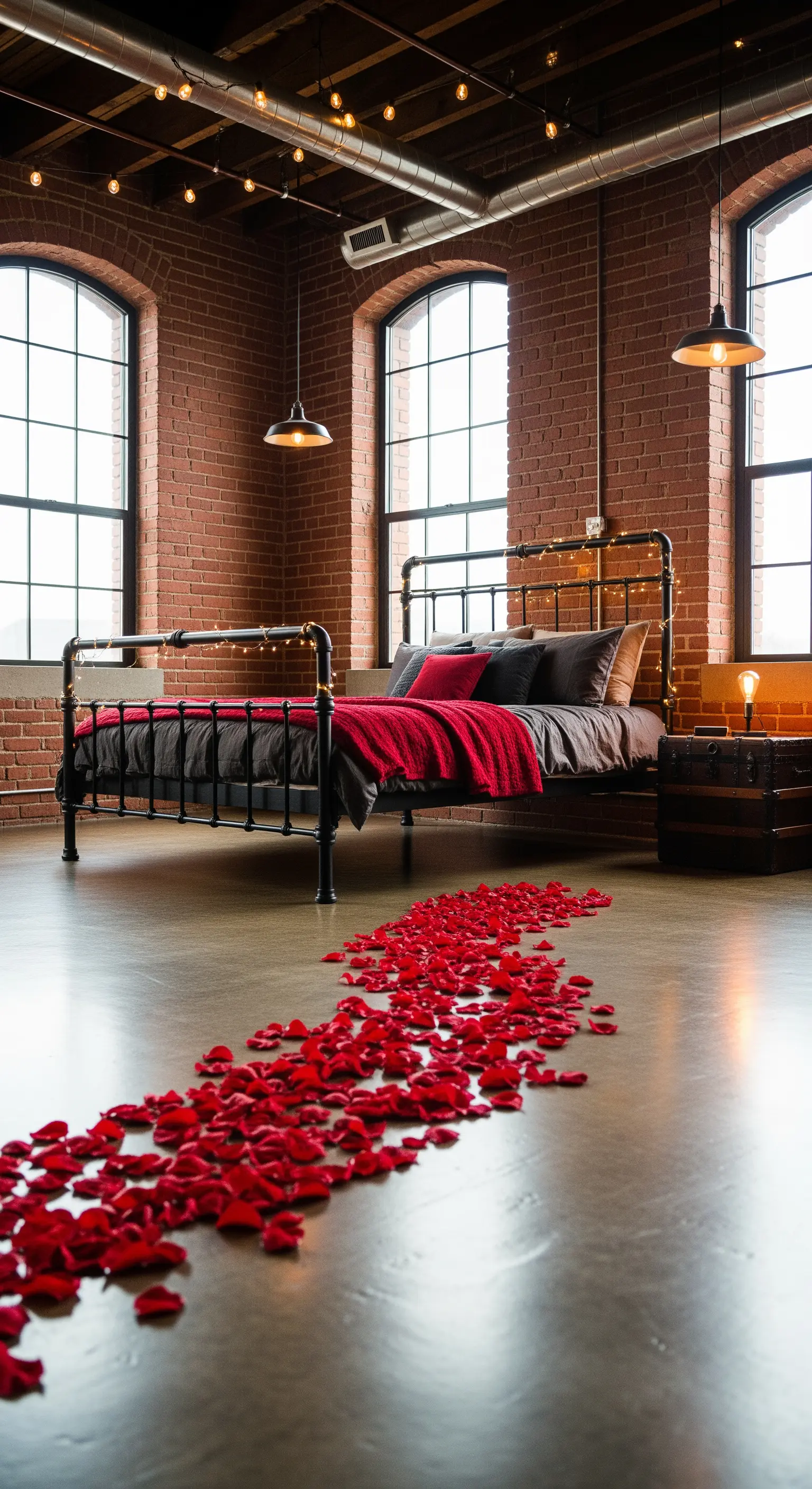 Industrial Loft Schlafzimmer mit Rosenpfad und Lichterketten