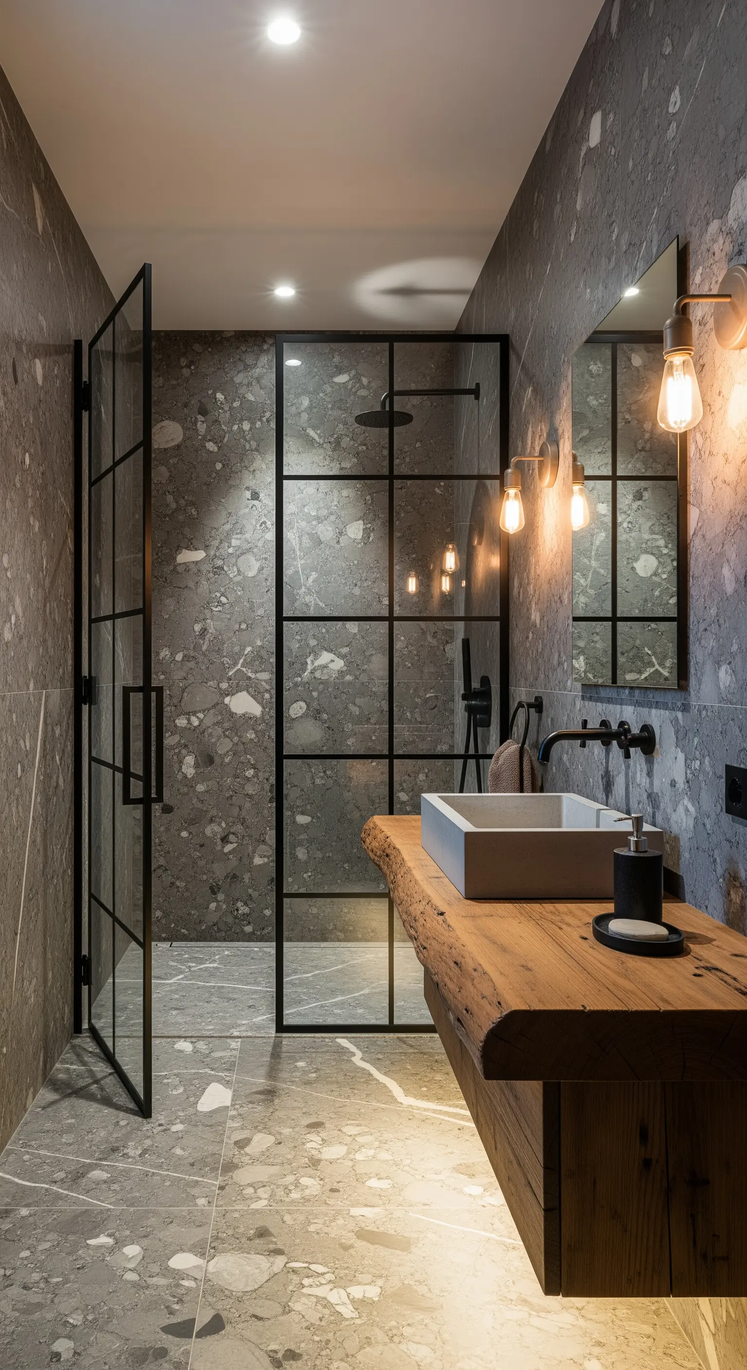 Badezimmer im Industrial-Stil mit Terrazzo-Fliesen, Holzwashbecken und schwarzer Metalltür.