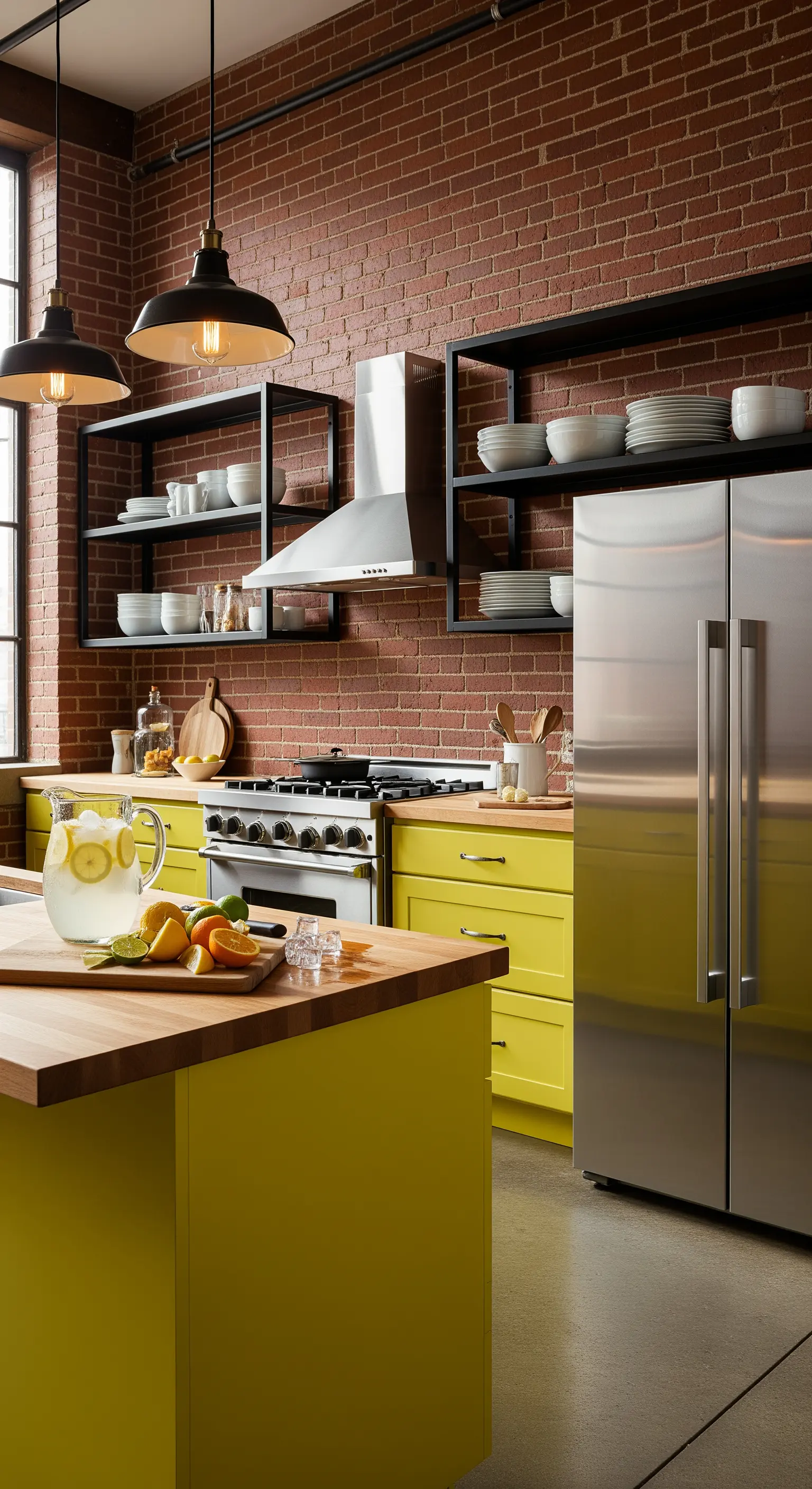 Gelbe Unterschränke und Kücheninsel in einer Industrieküche mit Ziegelwand.