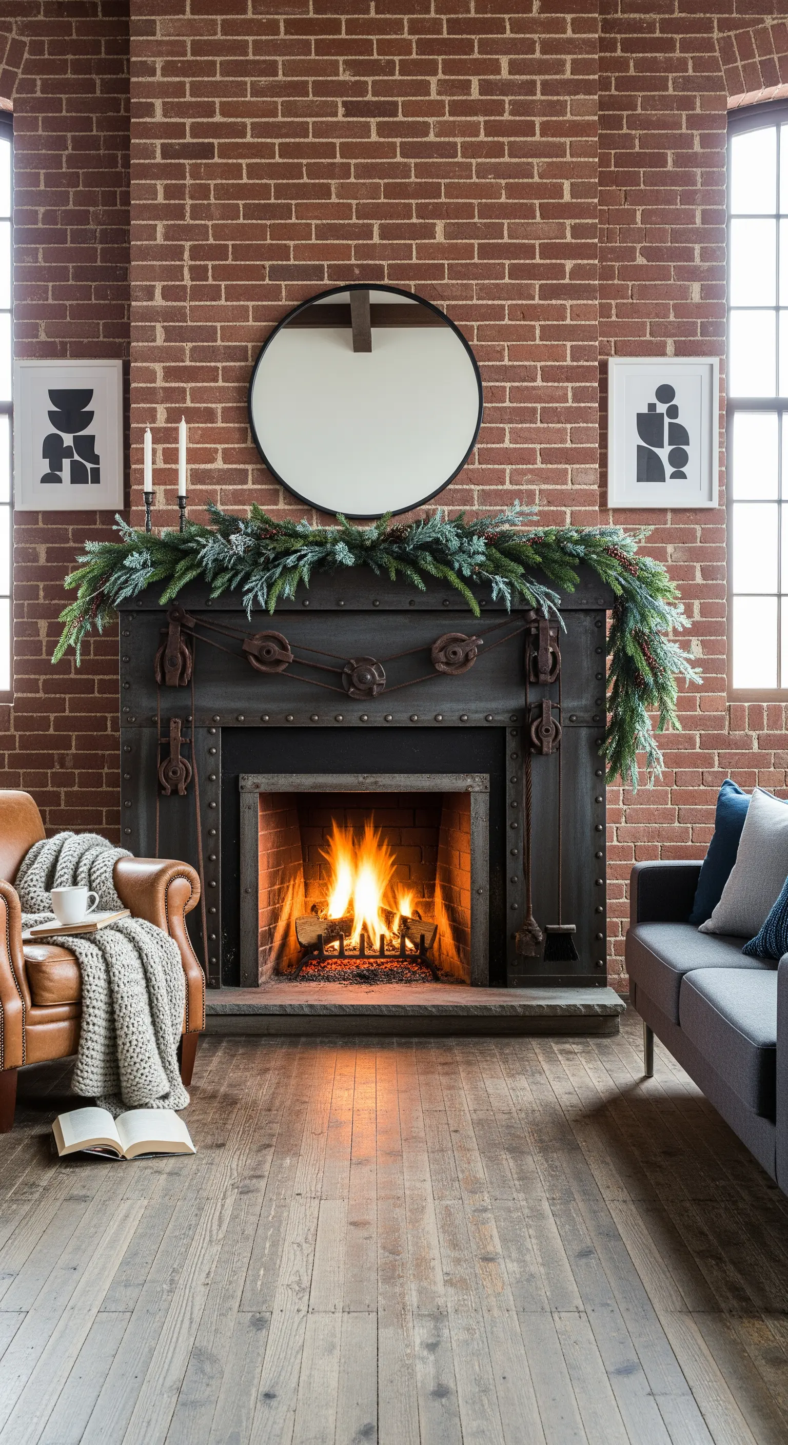 Bereifte Girlande, runder Spiegel, abstrakte Kunst am Industriekamin