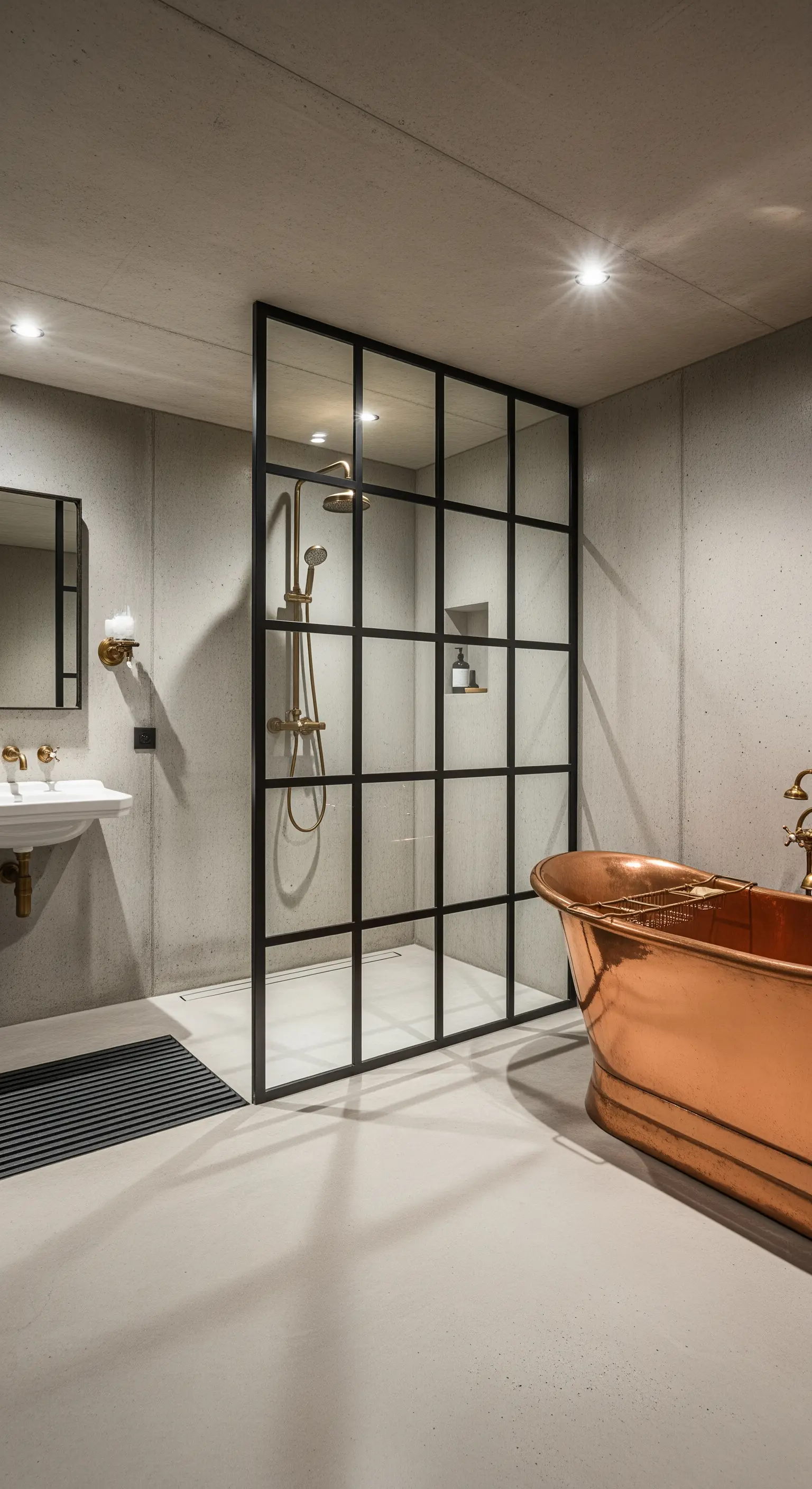 Badezimmer mit Sichtbetonwänden, einer Kupferbadewanne und schwarzer Sprossen-Glasdusche