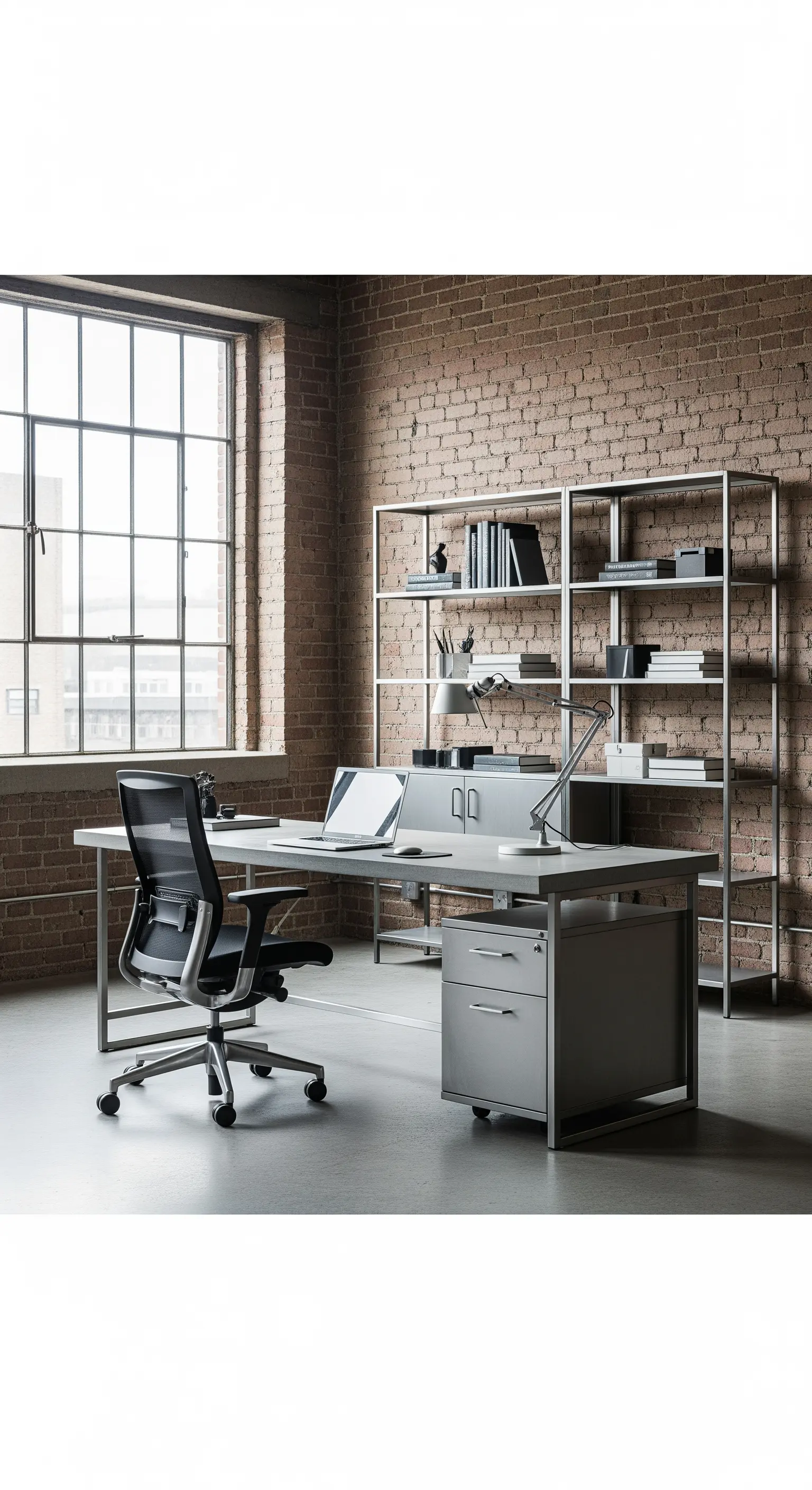 Homeoffice im Industrial-Stil mit Metallregal, Schreibtisch und einer Backsteinwand im Hintergrund.