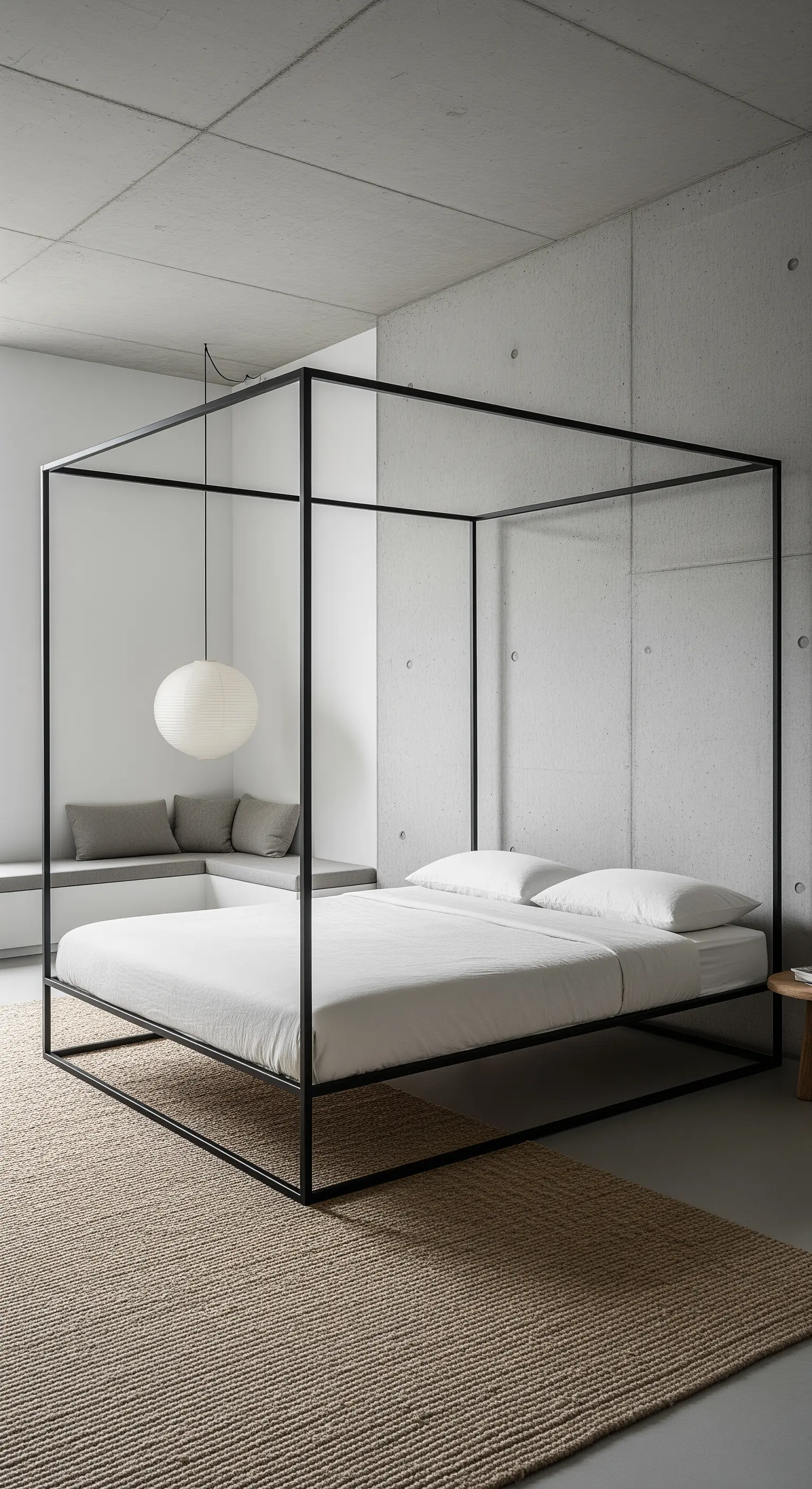 Himmelbett mit schwarzem Metallrahmen vor Betonwänden auf einem Jute-Teppich.