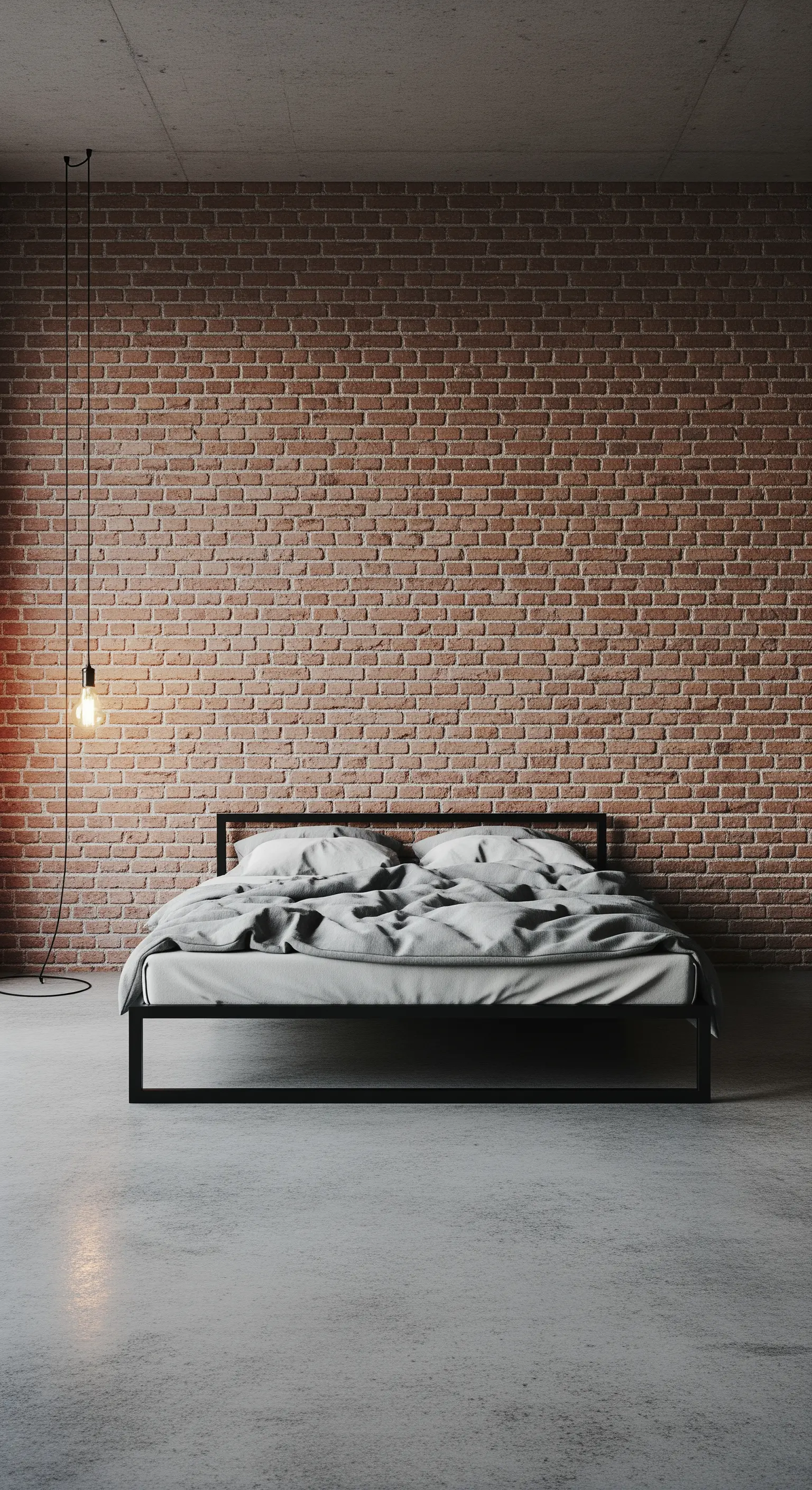 Schlafzimmer im Industrie-Stil mit Ziegelwand und einer einzelnen Hängelampe.