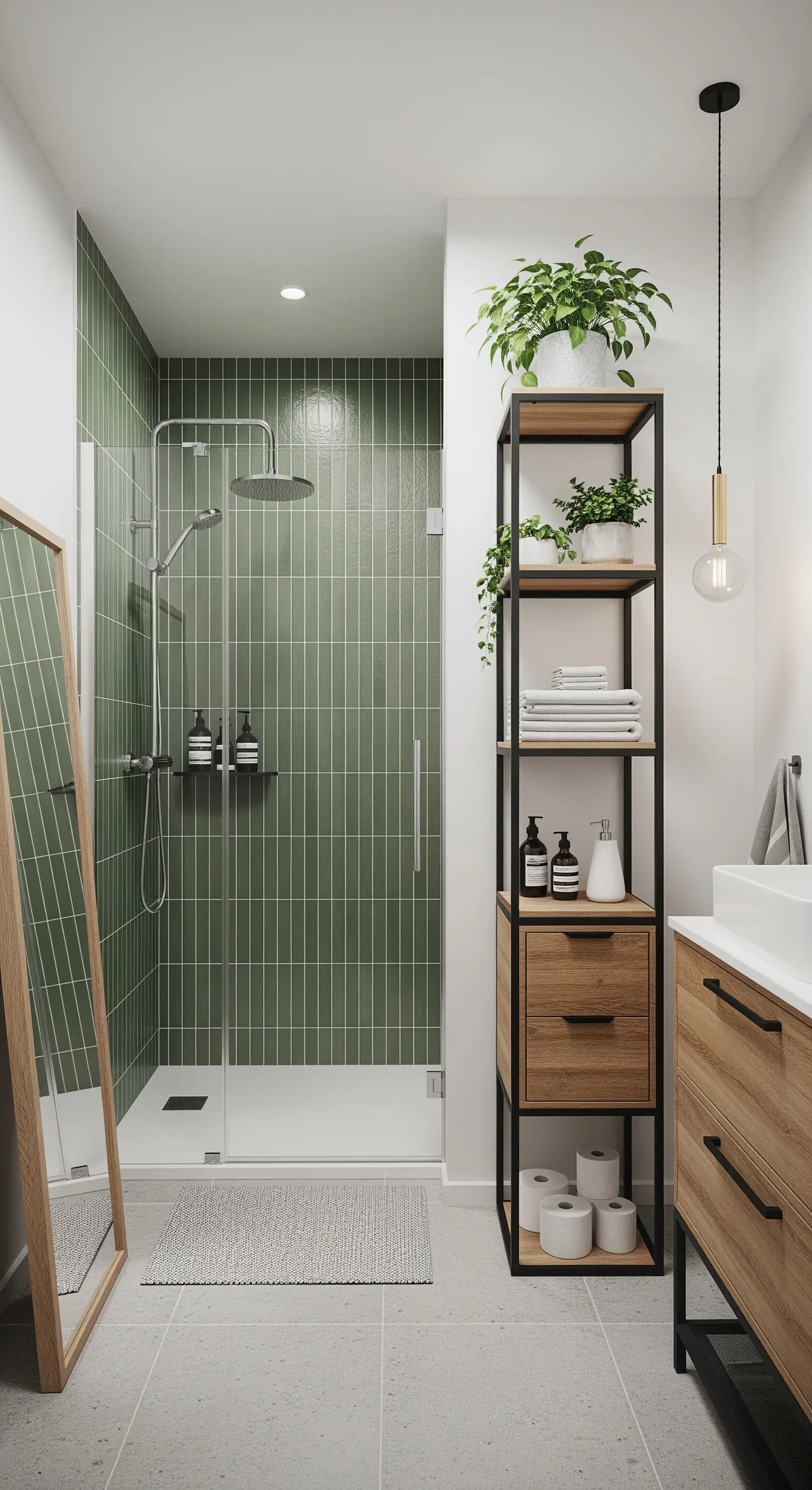 Schmales Bad mit hohem Industrieregal, grünen Fliesen und großem Spiegel.