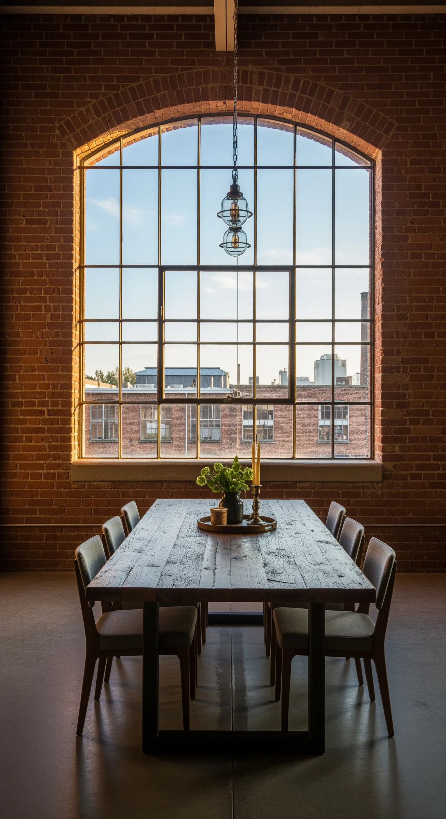 Essbereich in einem Loft mit Backsteinwänden und einem riesigen Bogenfenster.