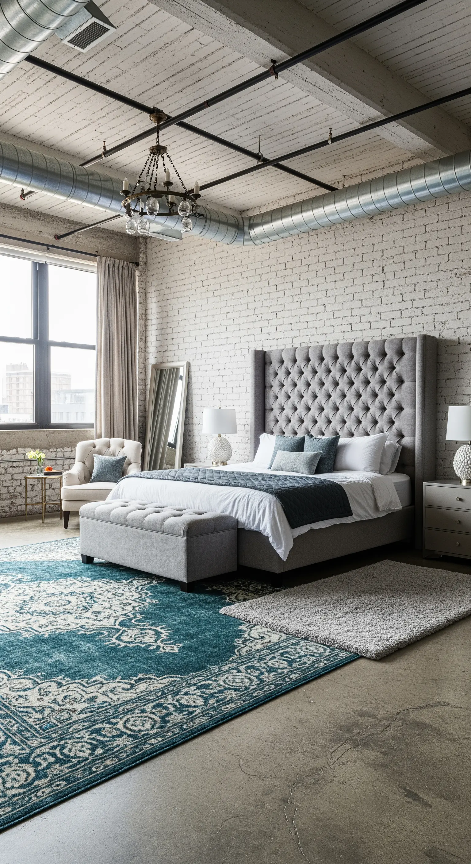 Loft-Schlafzimmer mit einem kleinen grauen Teppich auf einem großen petrolfarbenen Vintage-Teppich