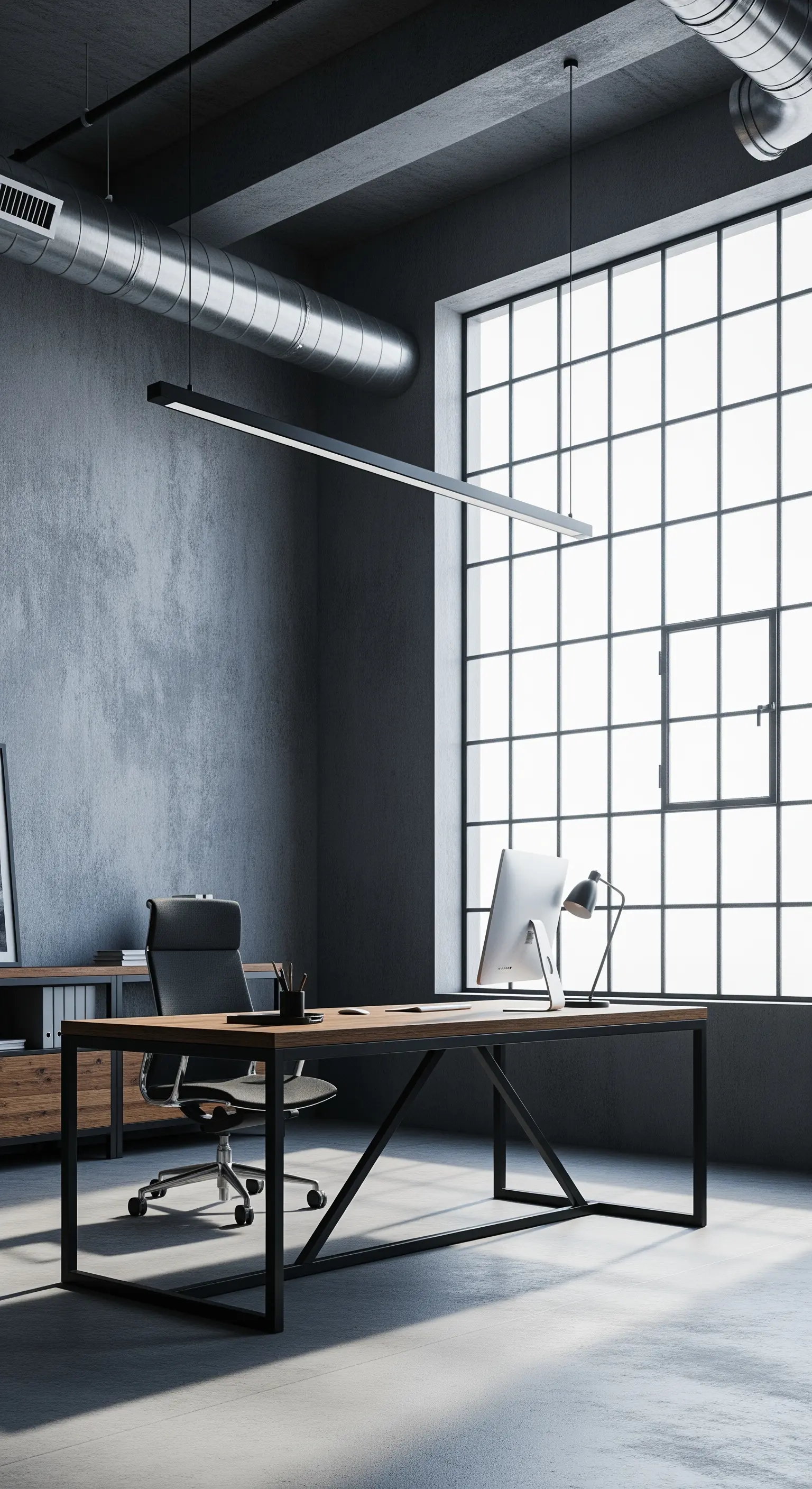 Loft-Büro mit Betonwänden, großem Industriefenster und minimalistischem Schreibtisch.