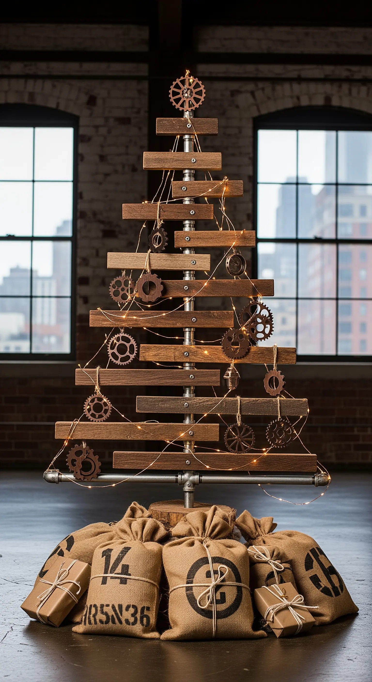 Weihnachtsbaum aus Holzlatten und Metallrohren, geschmückt mit Zahnrädern und Lichterketten.