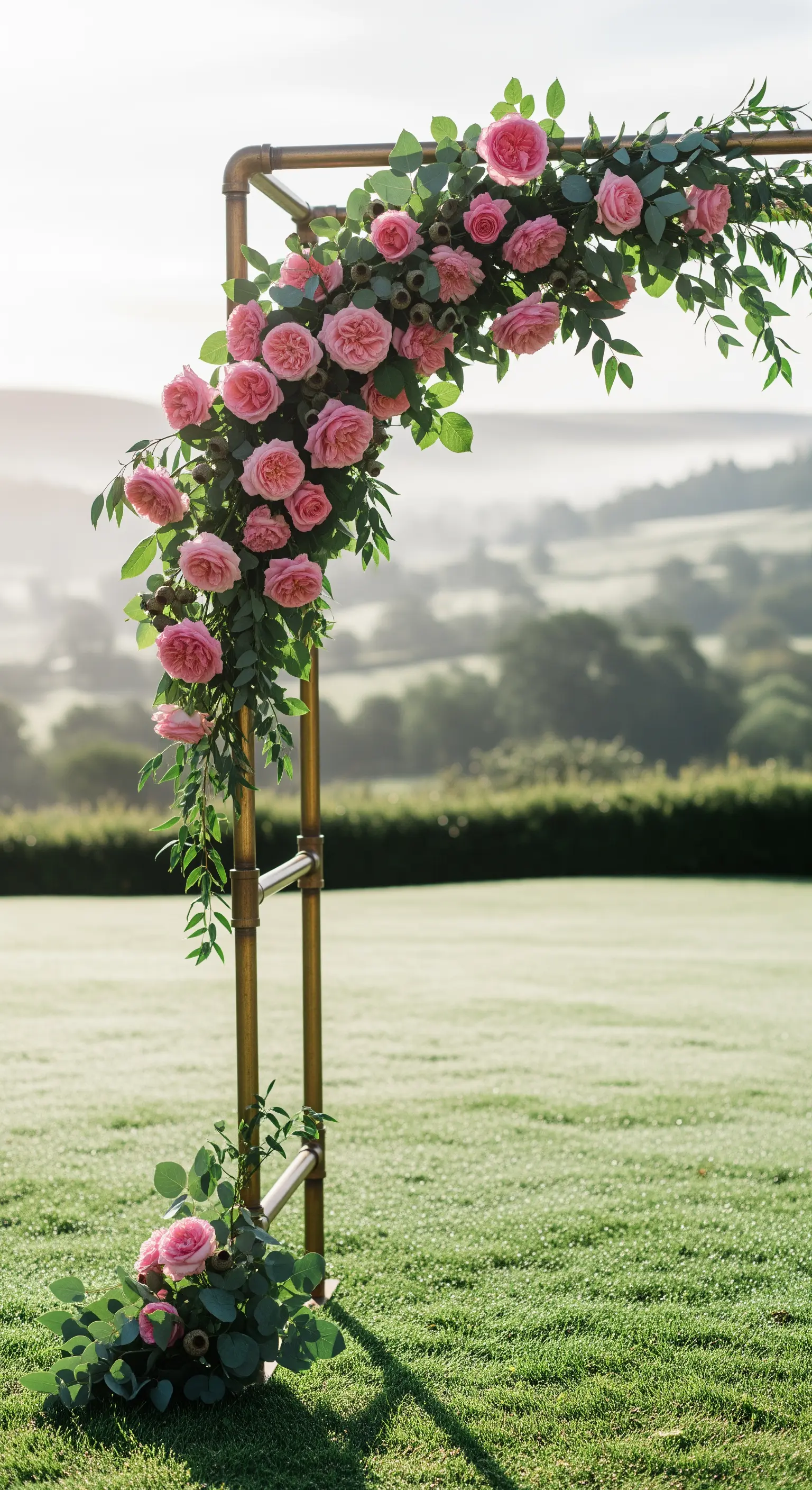 Industrieller Bogen aus goldfarbenen Rohren mit rosa Kletterrosen und Eukalyptus vor einer sanften Hügellandschaft.