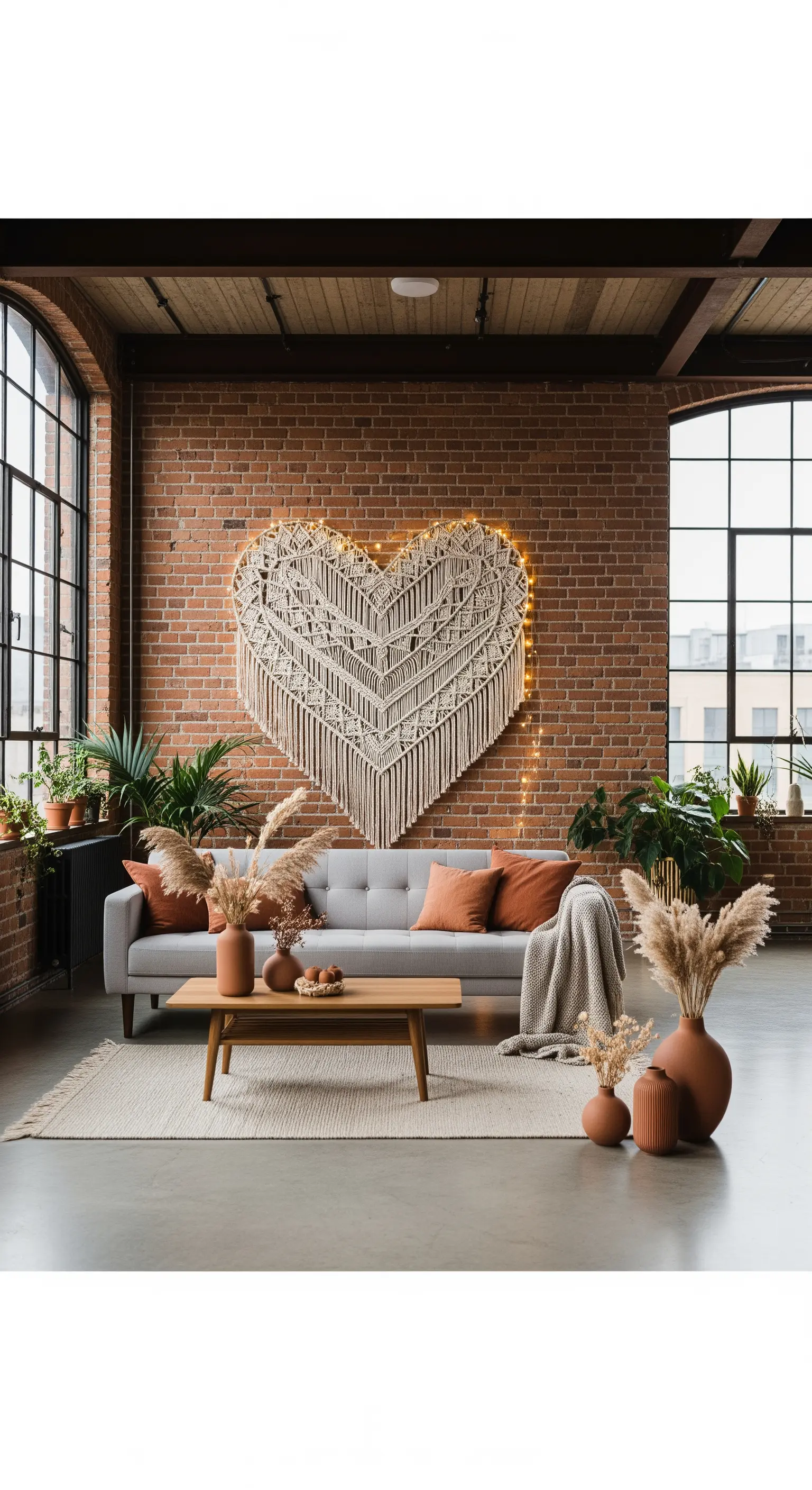 Industrielles Wohnzimmer mit großem Makramee-Herz, Pampasgras und Terracotta-Vasen