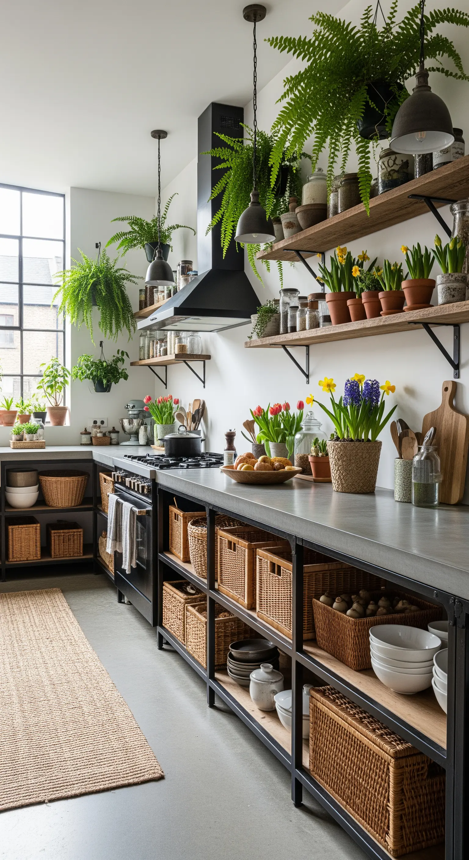 Industrielle Küche mit offenen Regalen, Hängepflanzen und Weidenkörben