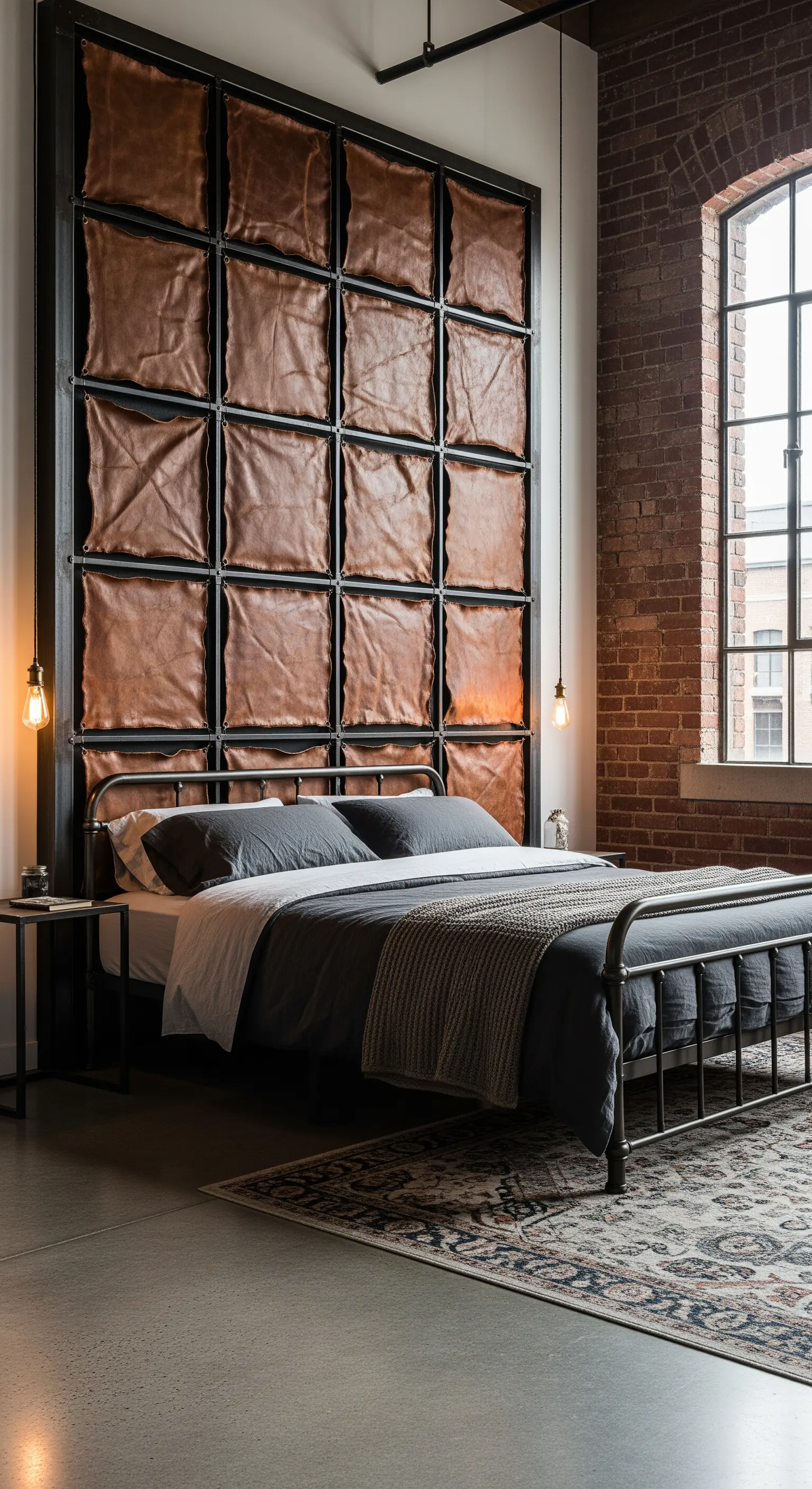 Großes Wandpaneel aus einem schwarzen Stahlrahmen mit cognacfarbenen Lederkissen im Industrial-Loft-Stil.