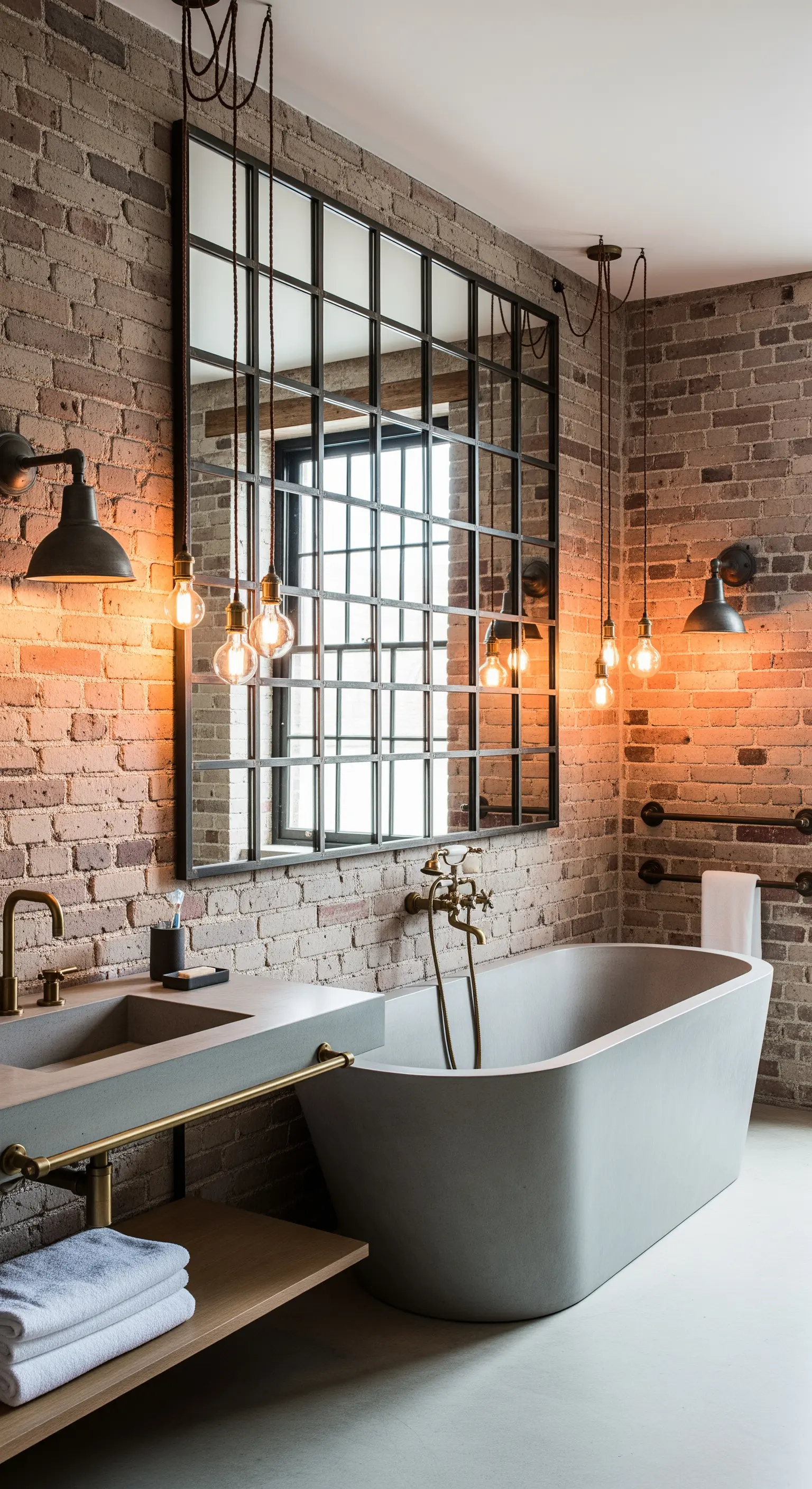 Badezimmer im Industrial-Stil mit einer Ziegelwand und einem großen schwarzen Gitterspiegel.