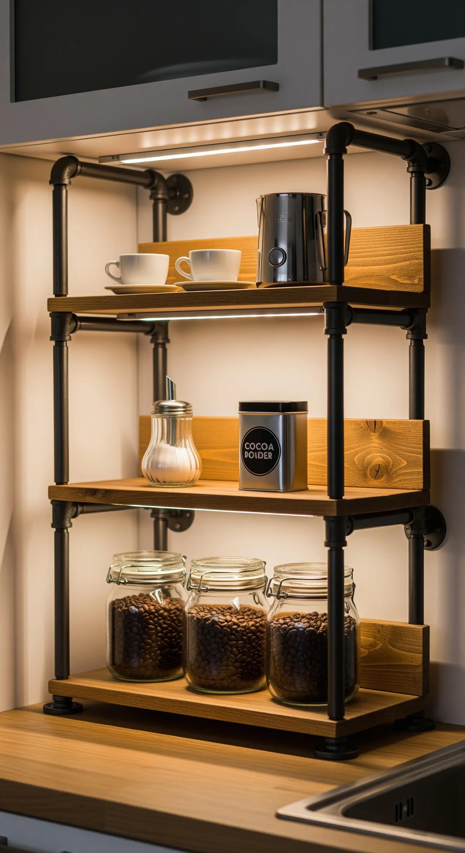 Industrielles Küchenregal aus Metallrohren und Holz mit Kaffeebohnen und Tassen.