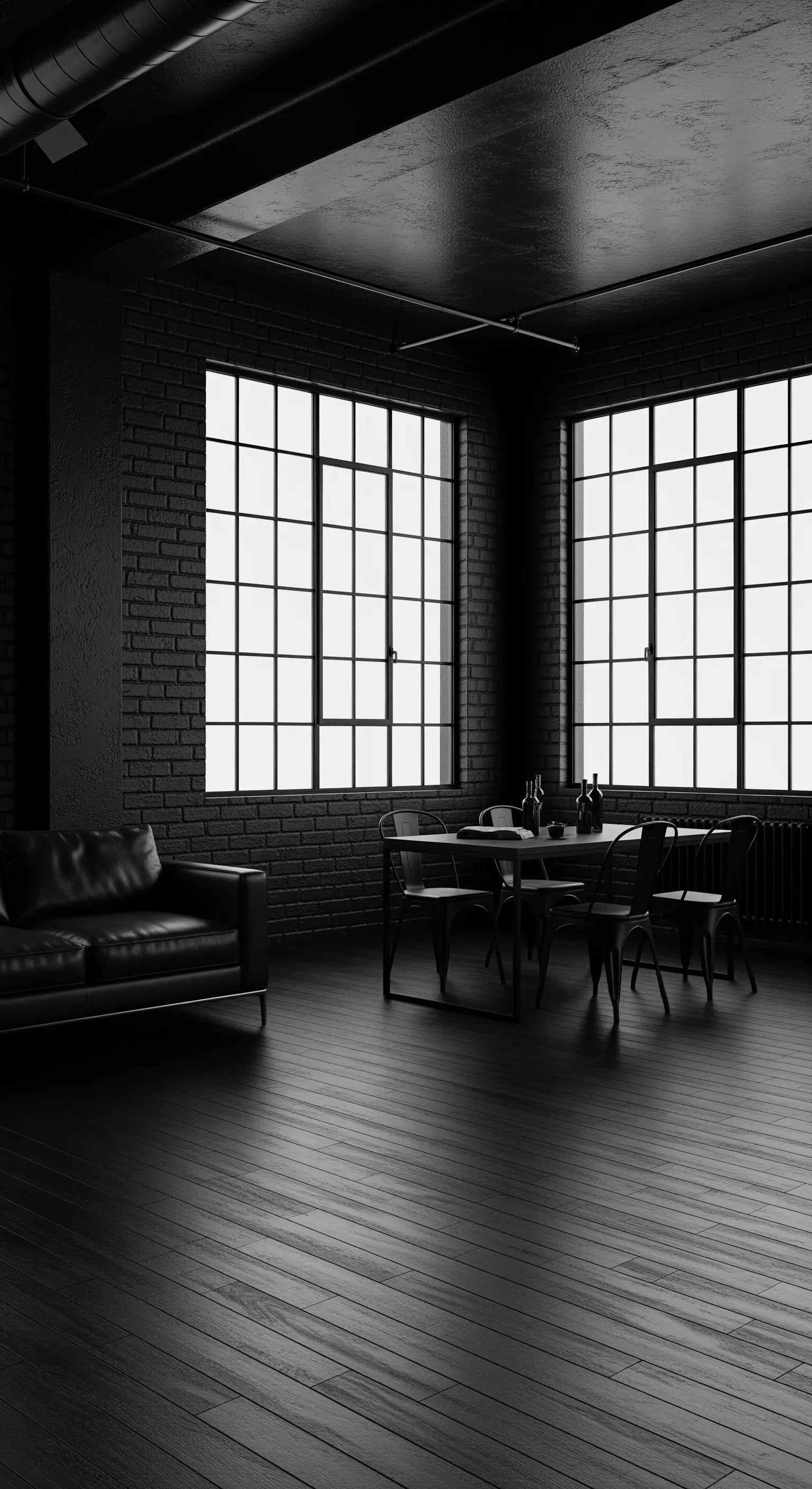 Schwarzes Loft mit Ziegelwand, großen Fenstern, Ledersofa und dunklem Holzboden