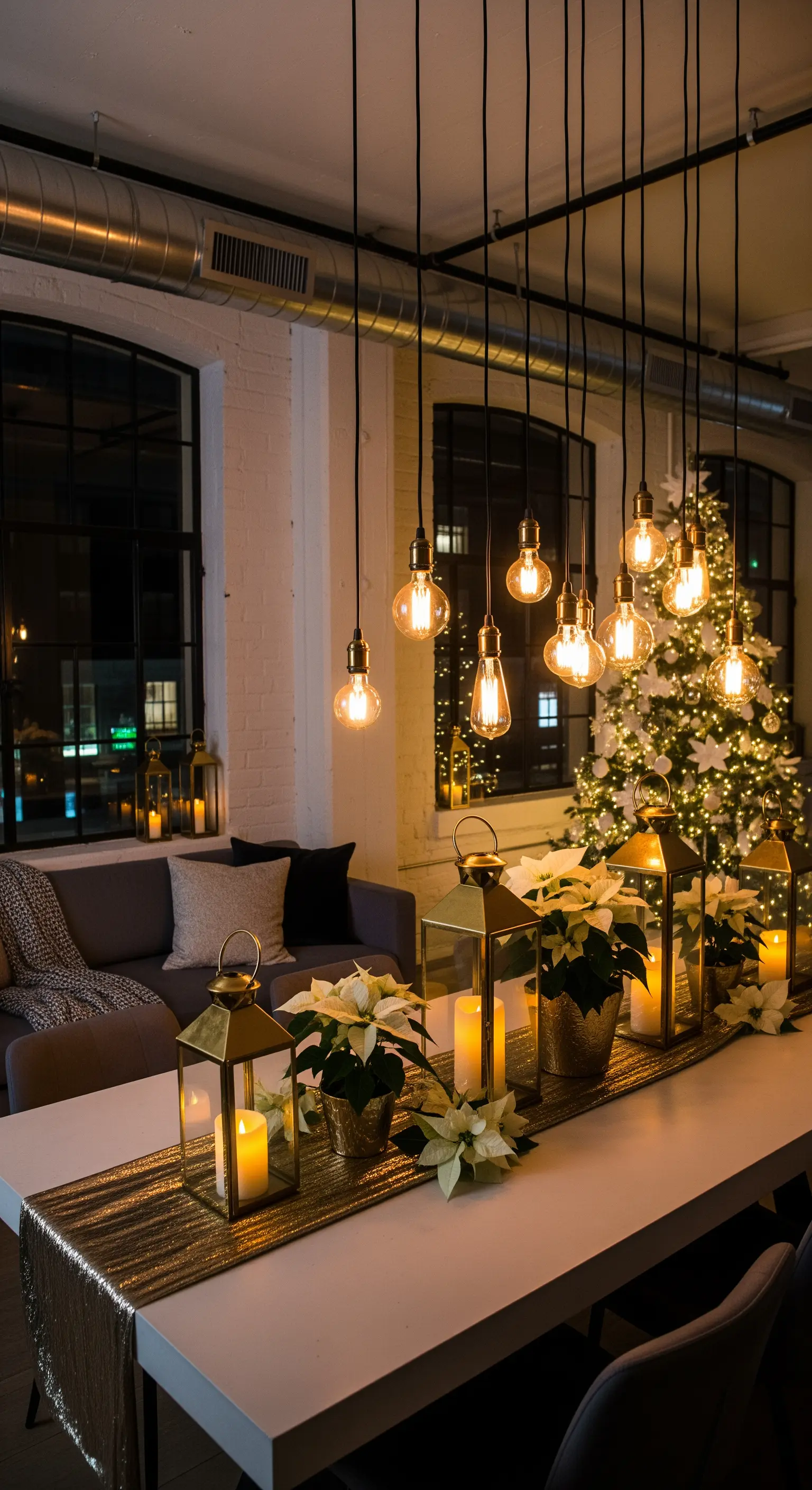 Industrielle Tischdeko mit Edison-Birnen, goldenen Laternen und Weihnachtssternen