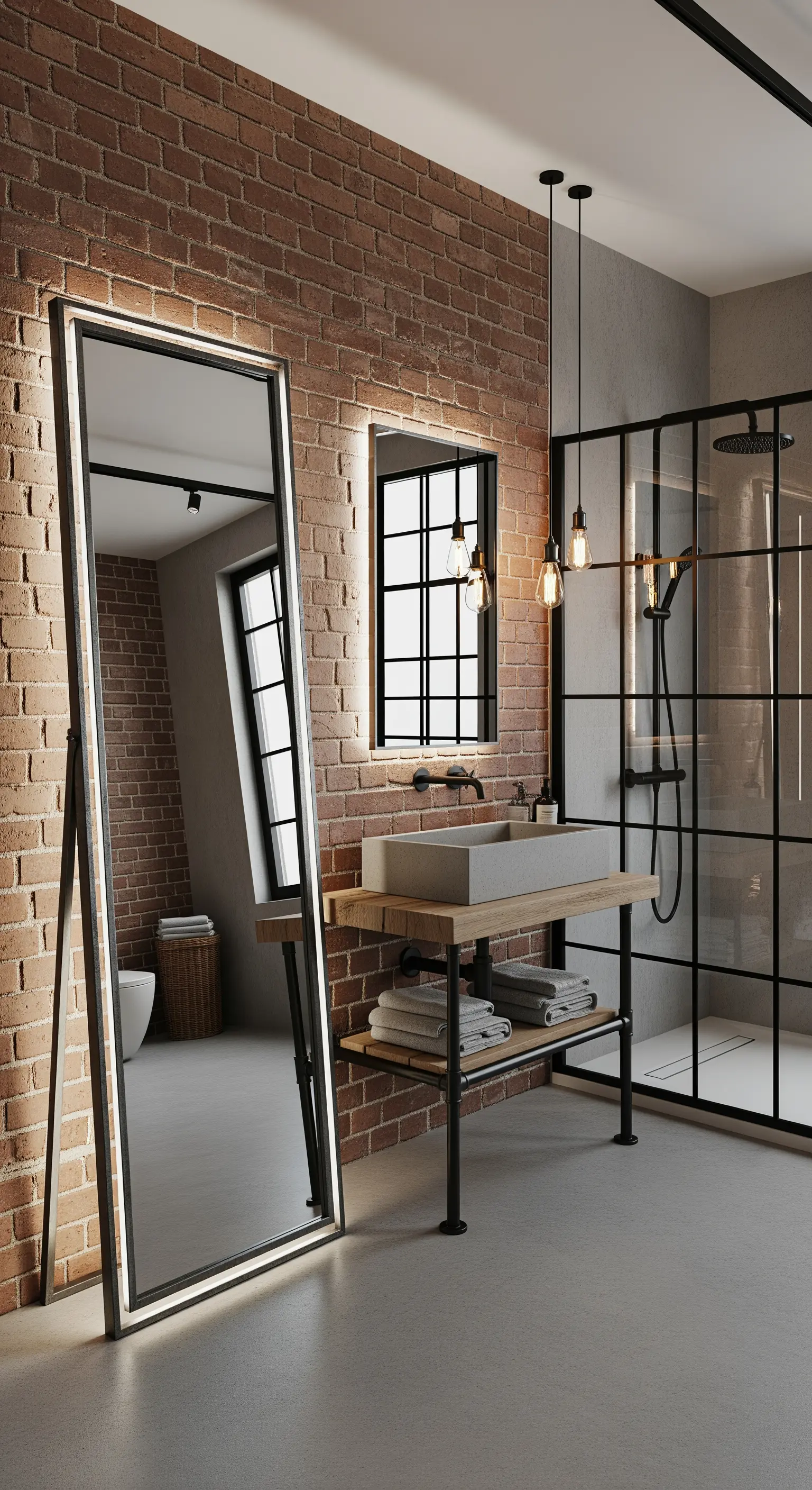 Freistehender Ganzkörperspiegel mit LED-Rahmen in einem Badezimmer mit Ziegelwand.