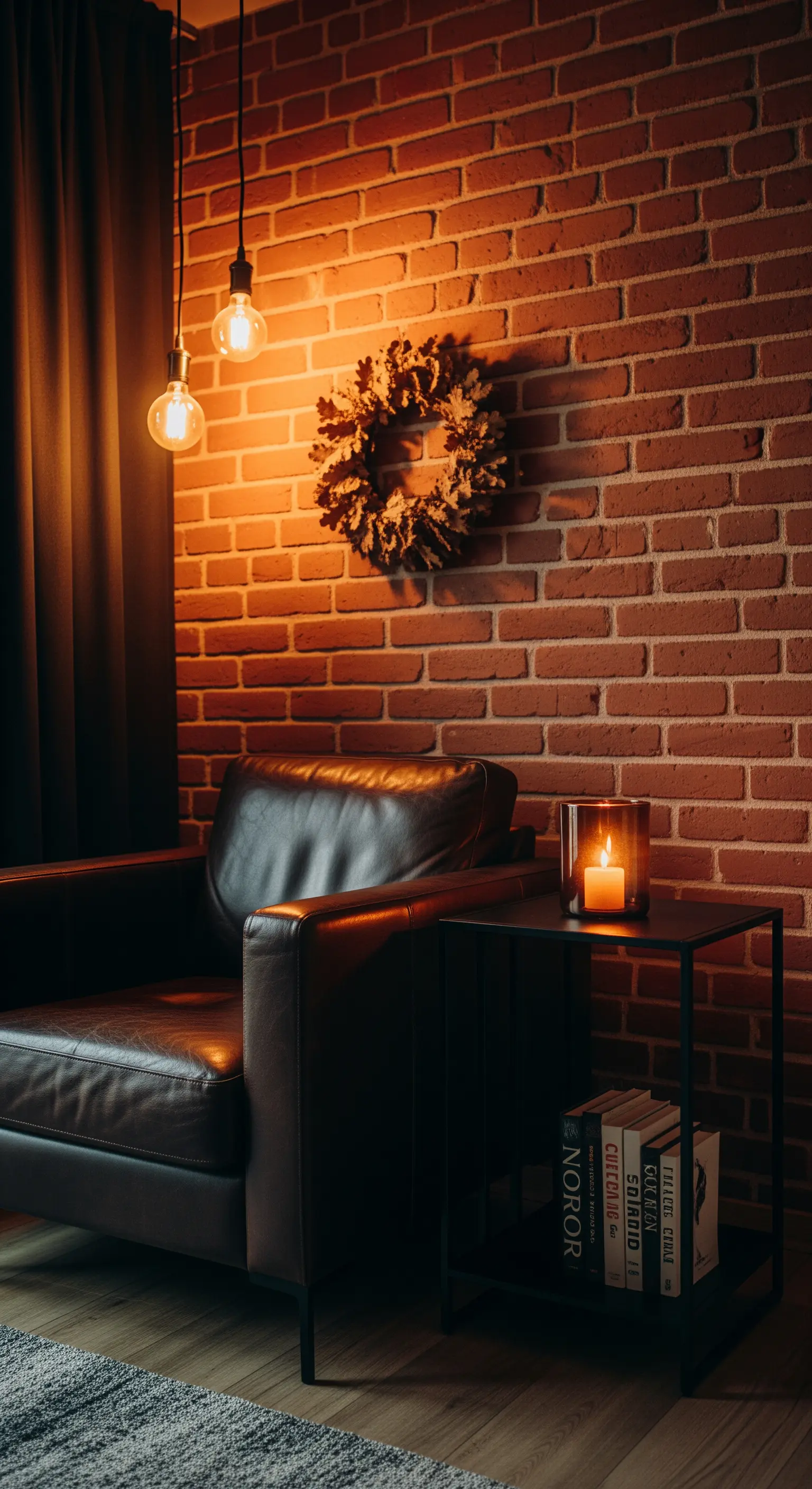 Dunkles Ledersessel-Nook mit Backsteinwand und warmem Kerzenlicht.