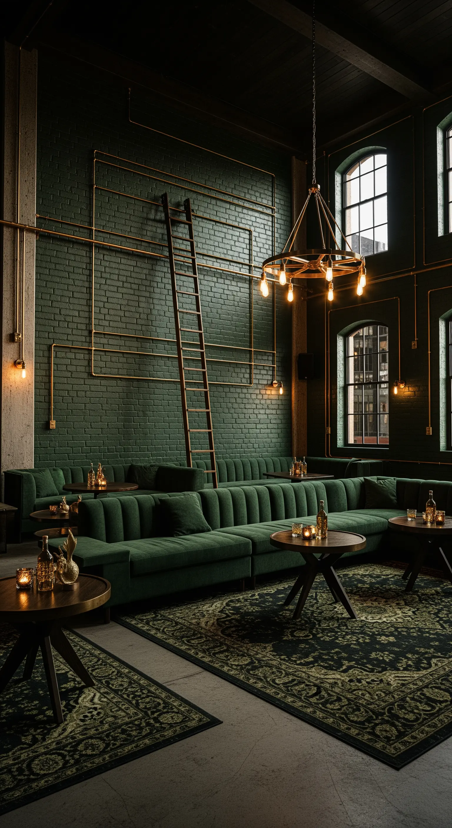 Grüne Backsteinwand, Messingrohre, Samtsofa, Stehlampen
