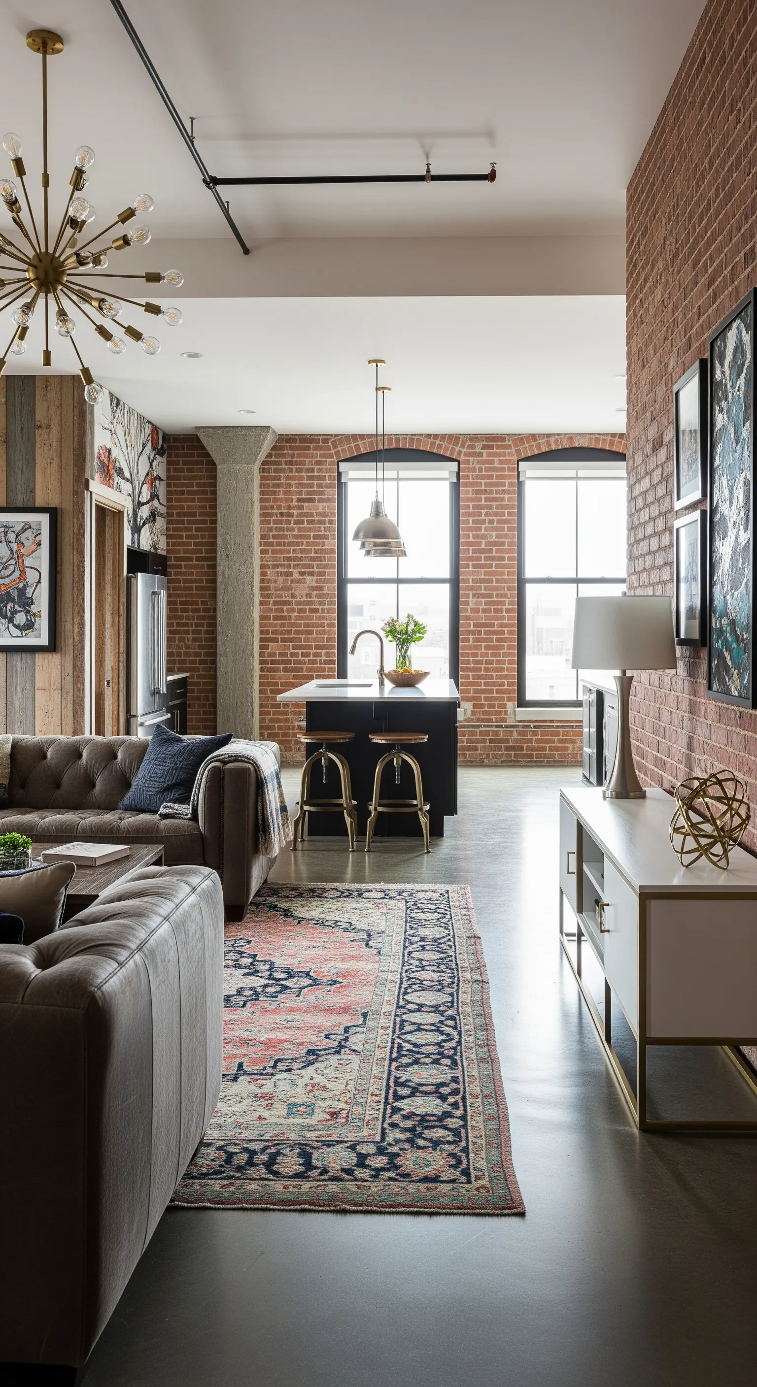 Loft-Wohnzimmer mit Backsteinwand, Ledersofa und einer goldenen Sputnik-Deckenleuchte.