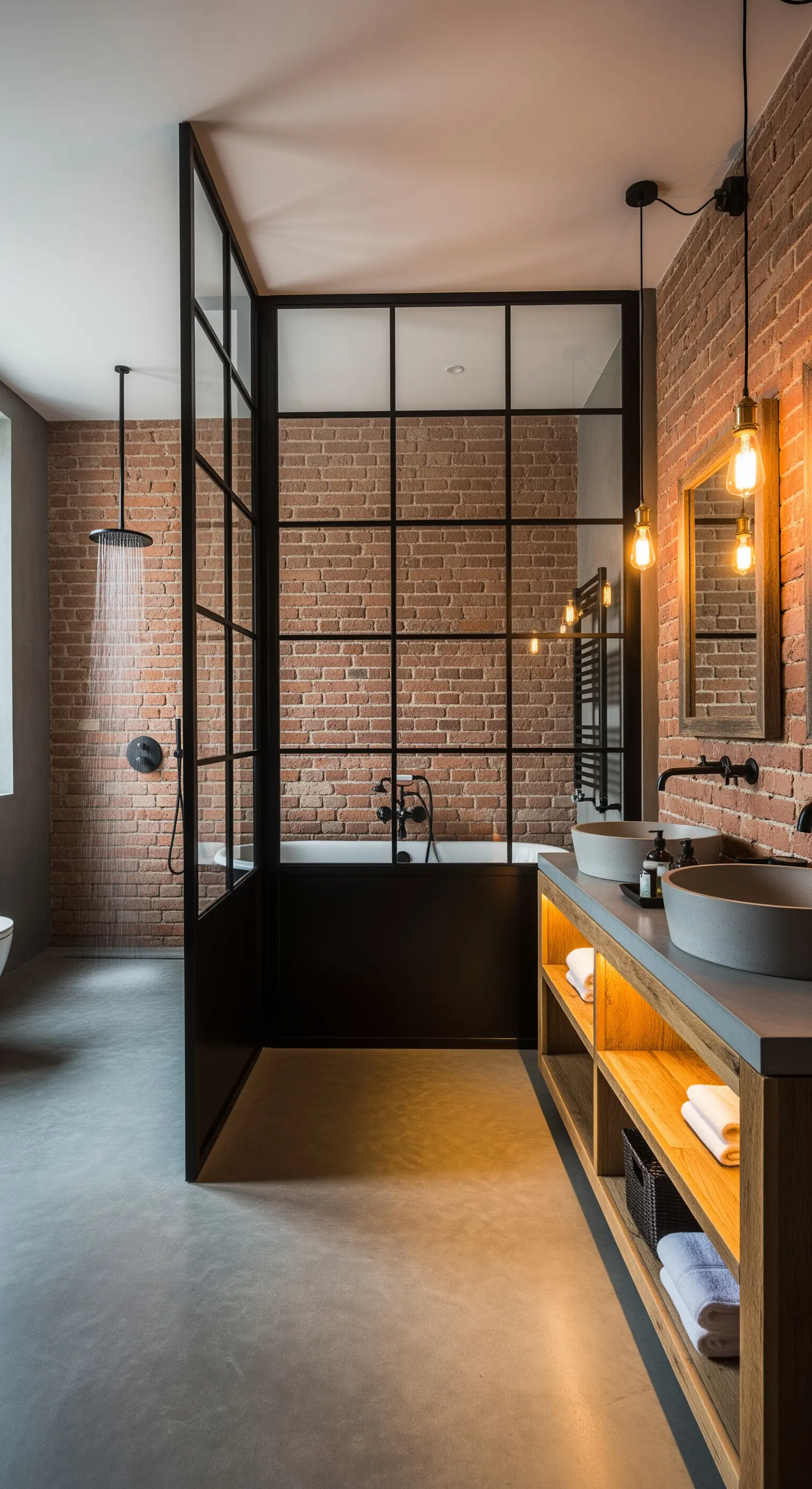 Badezimmer im Industrial-Stil mit Ziegelwand, Glas-Trennwand und Betonboden.